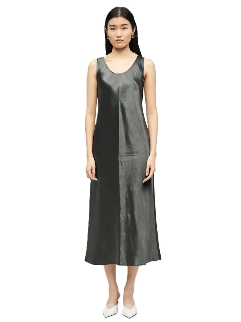 VESTITO LUNGO IN RASO LUCIDO CON GIROCOLLO AMPIO DONNA GRIGIO