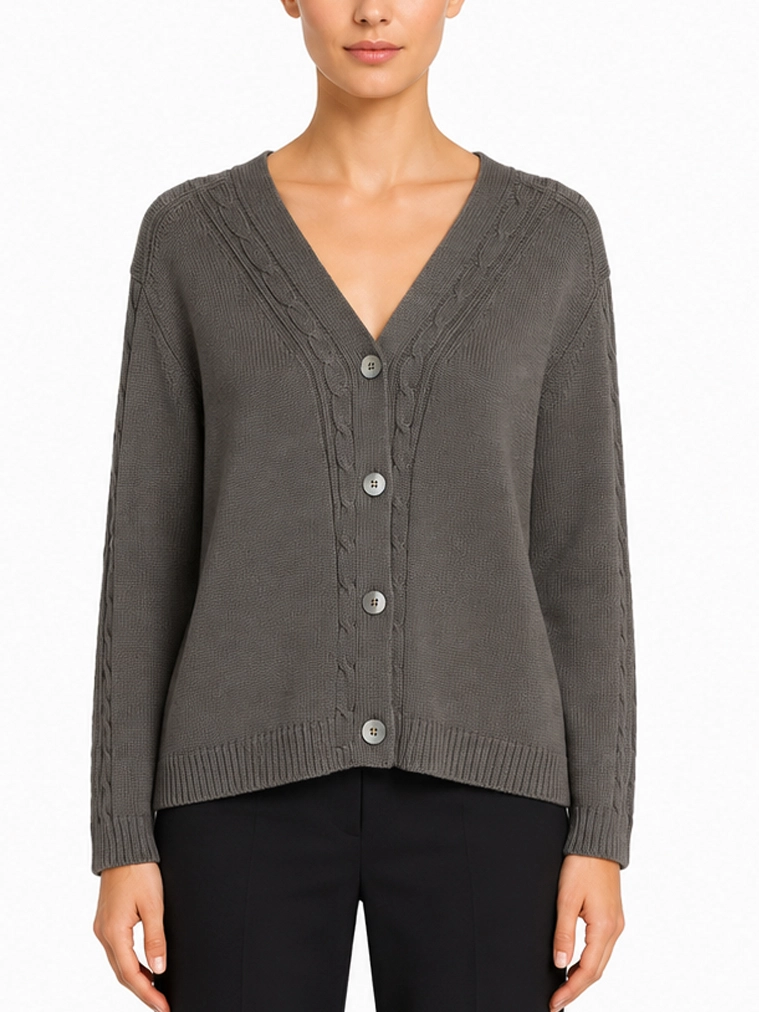 CARDIGAN IN COTONE CON LAVORAZIONE A TRECCE E BOTTONI IN MADREPERLA DONNA GRIGIO