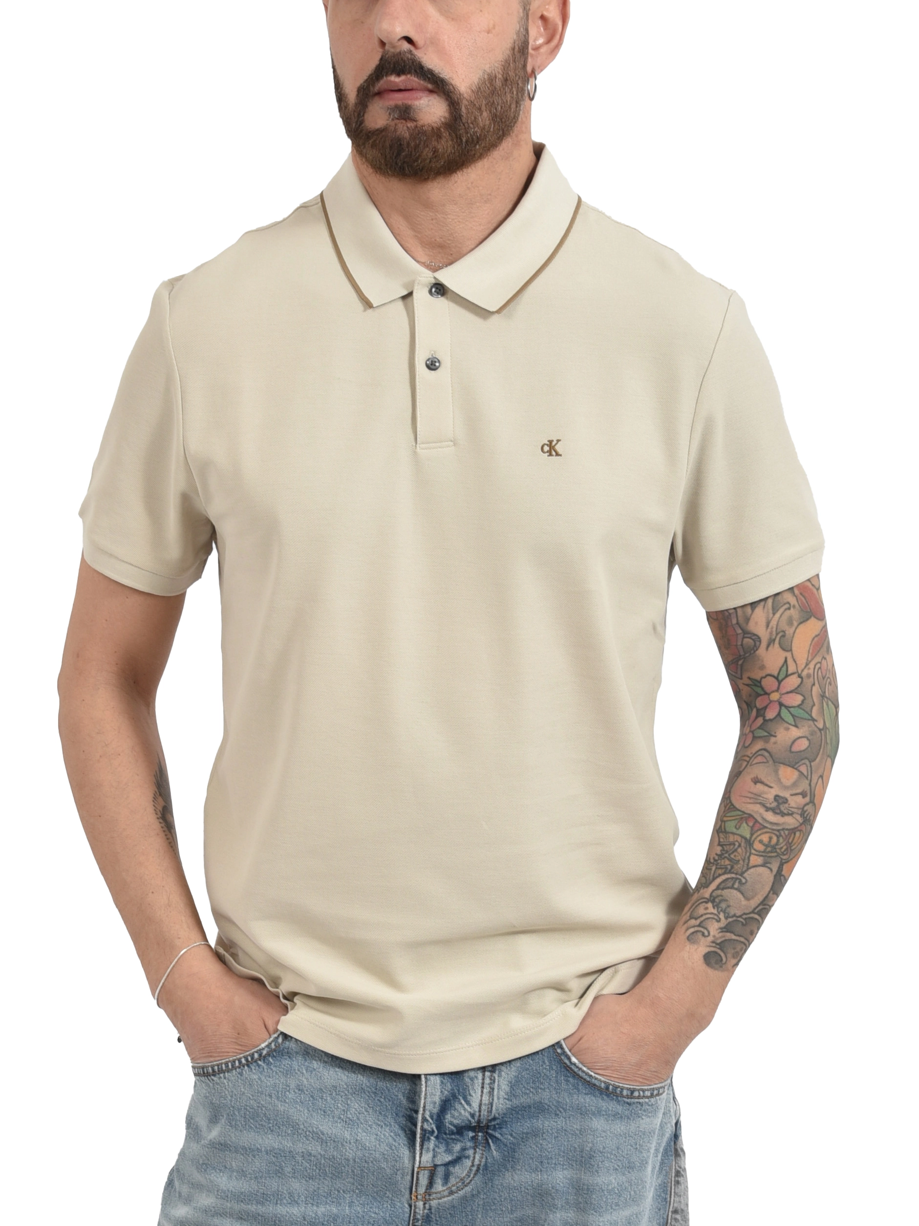POLO MANICA CORTA IN MAGLIA FINE ELASTICIZZATA UOMO BEIGE