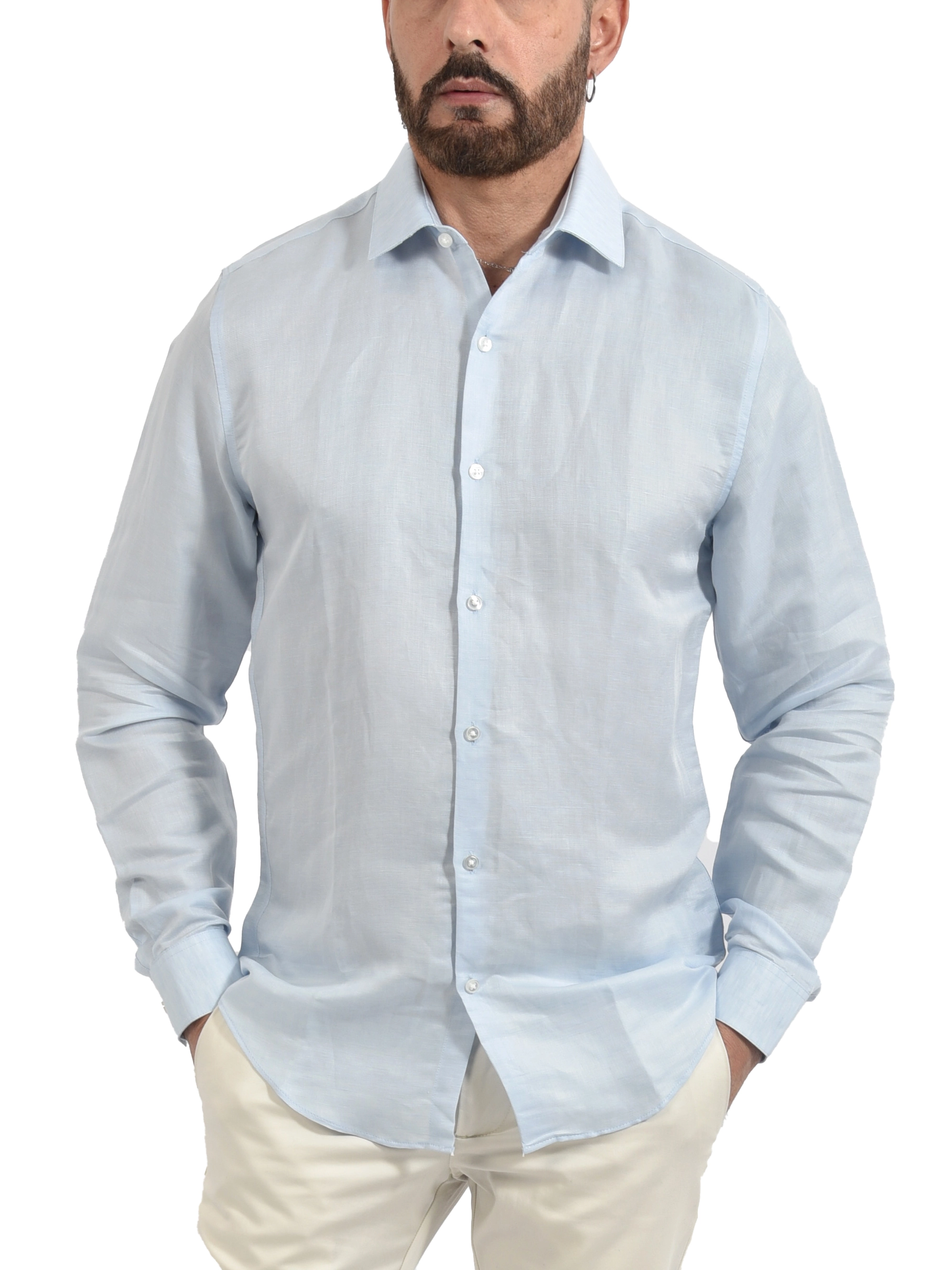 CAMICIA CASUAL SLIM FIT IN MISTO LINO UOMO AZZURRO
