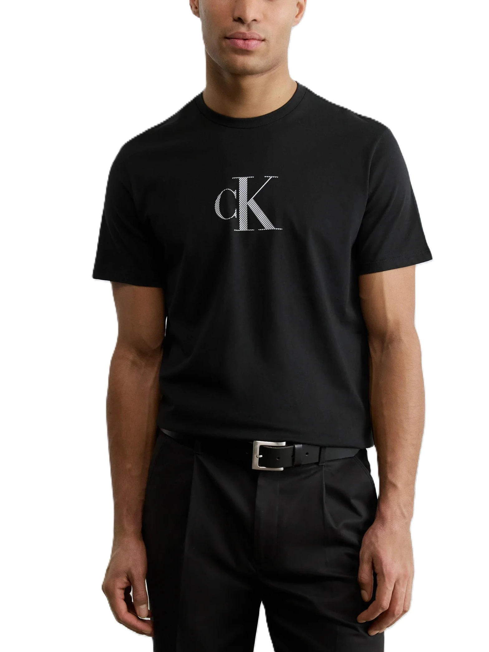 T-SHIRT MANICA CORTA CON SCOLLO A COSTINE E LOGO FRONTALE UOMO NERO