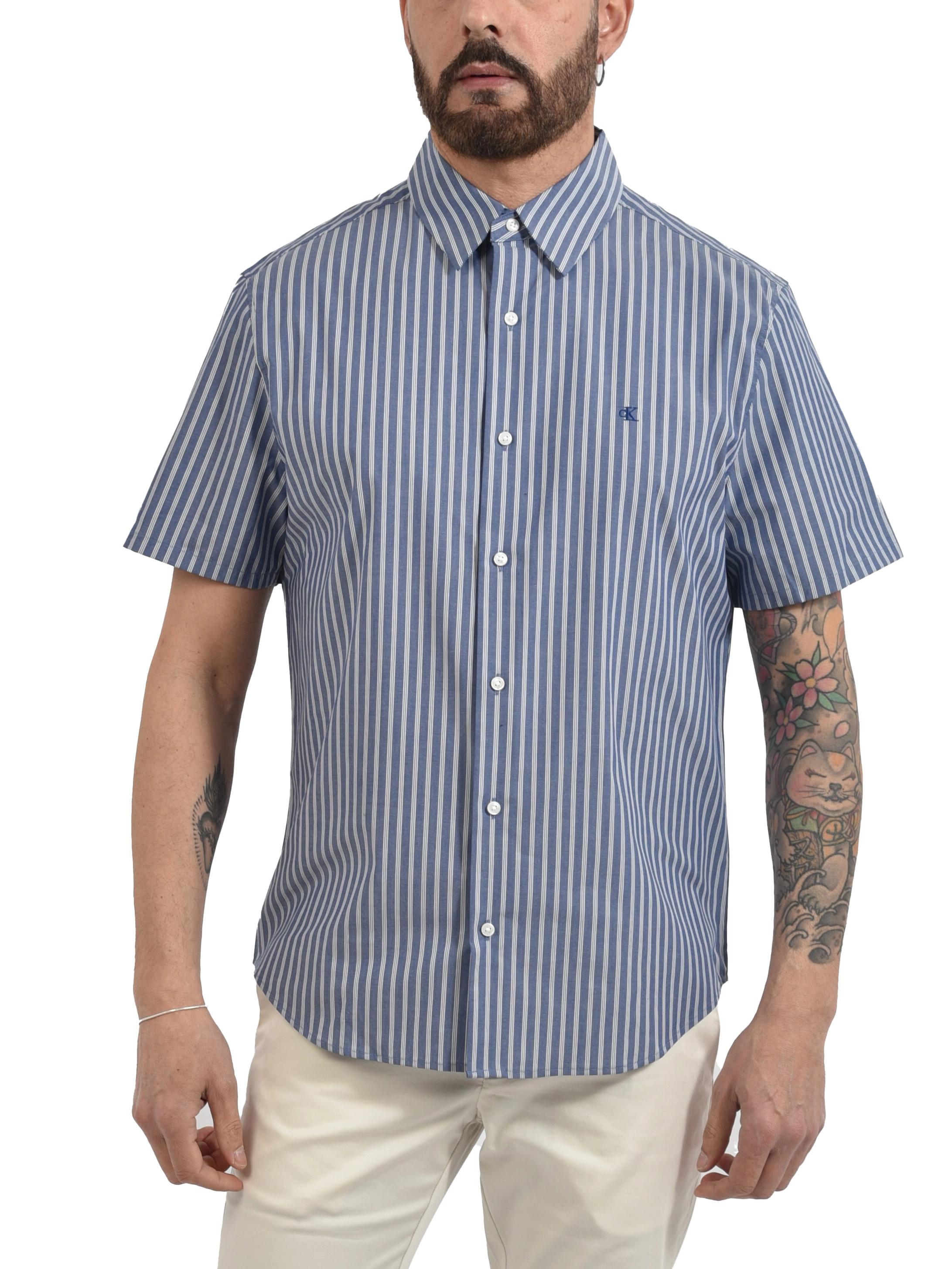 CAMICIA MANICA CORTA A RIGHE VERTICALI CON LOGO RICAMATO UOMO BLU