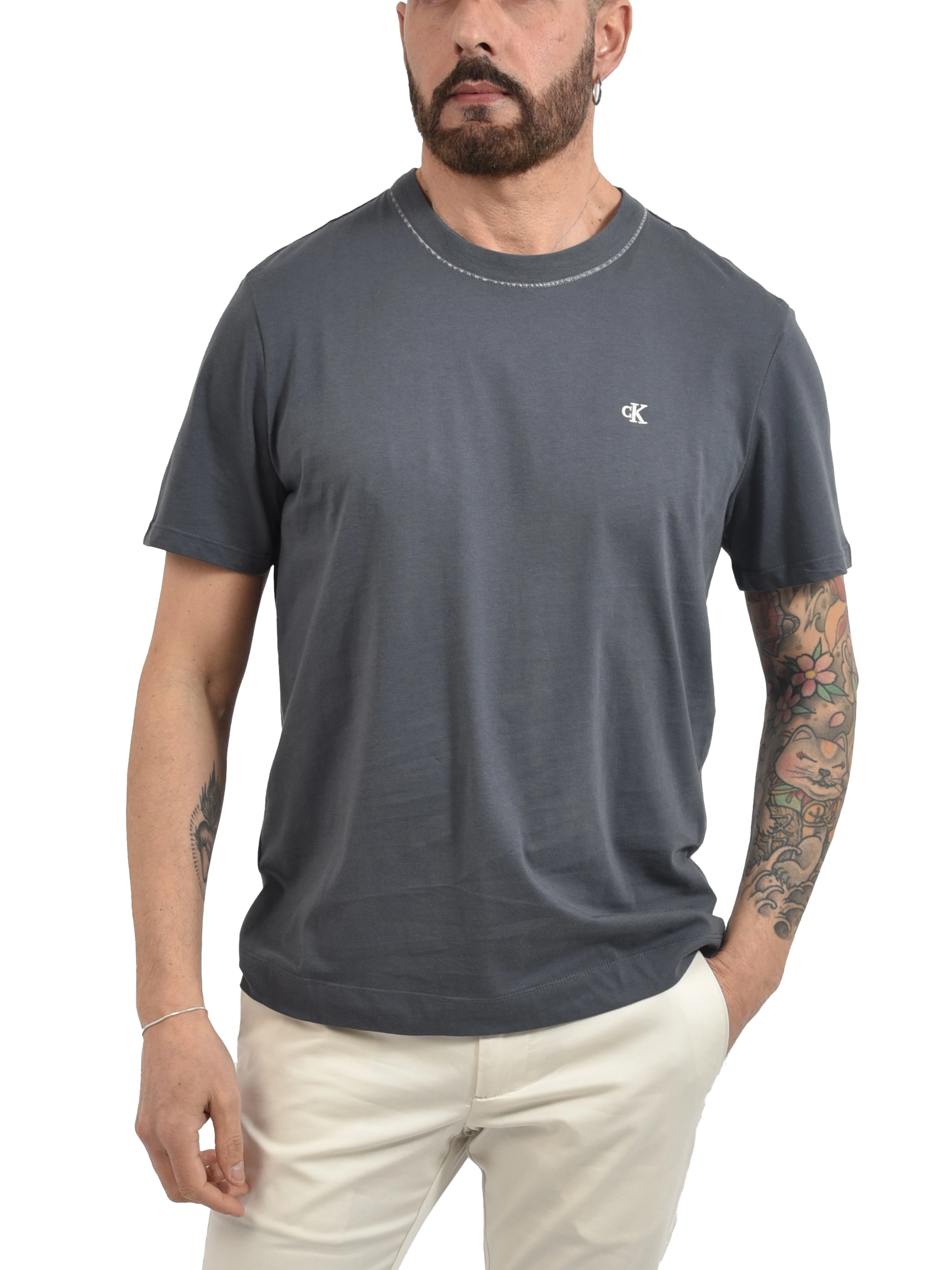 T-SHIRT MANICA CORTA CON COLLO CON CUCITURE A CONTRASTO UOMO GRIGIO