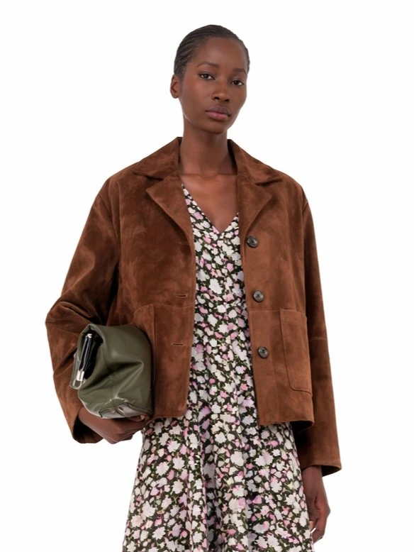 GIACCA CROPPED  IN PELLE SCAMOSCIATA DONNA MARRONE