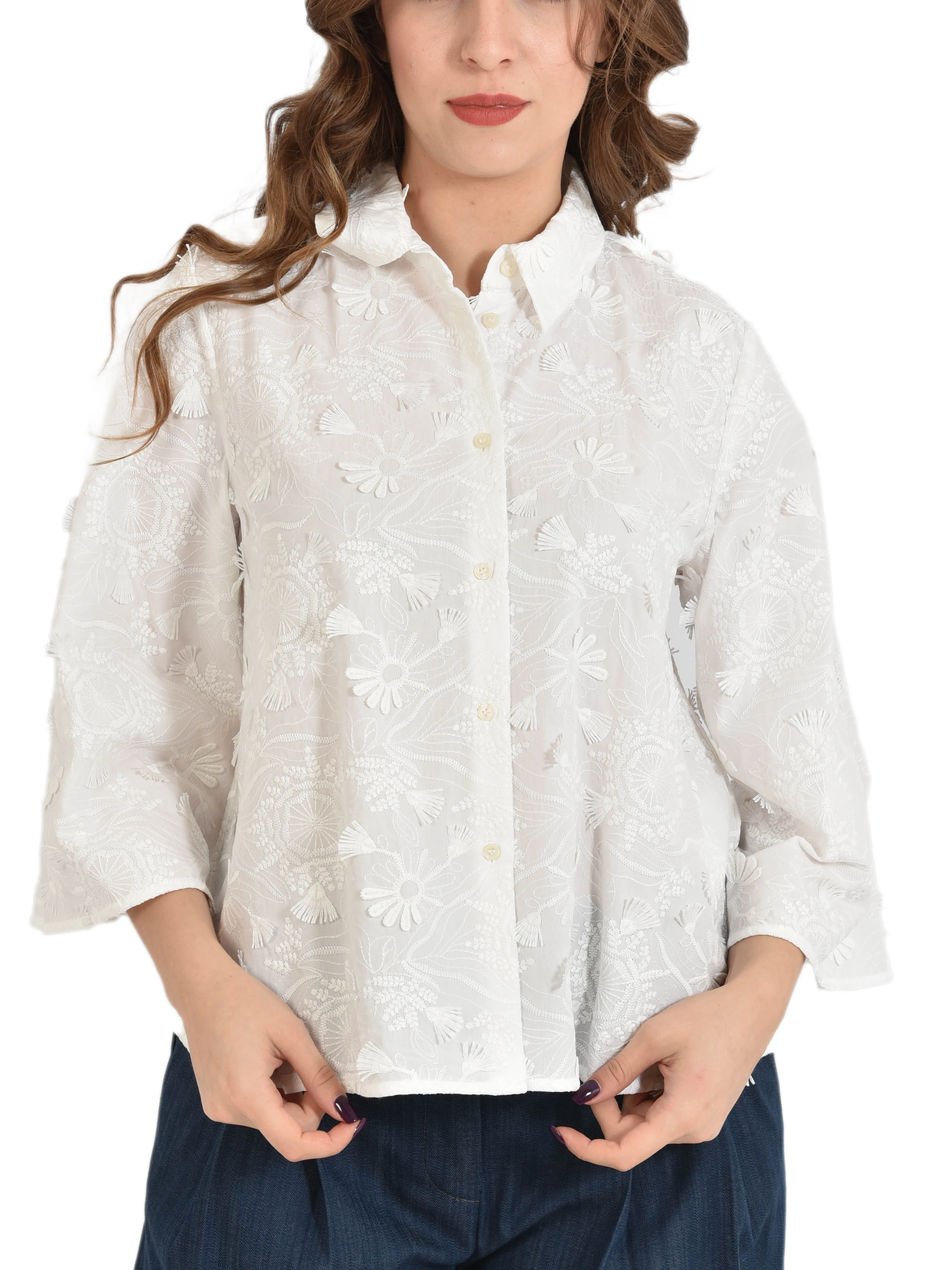 CAMICIA IN POPELINE DI COTONE RICAMATO DONNA BIANCO
