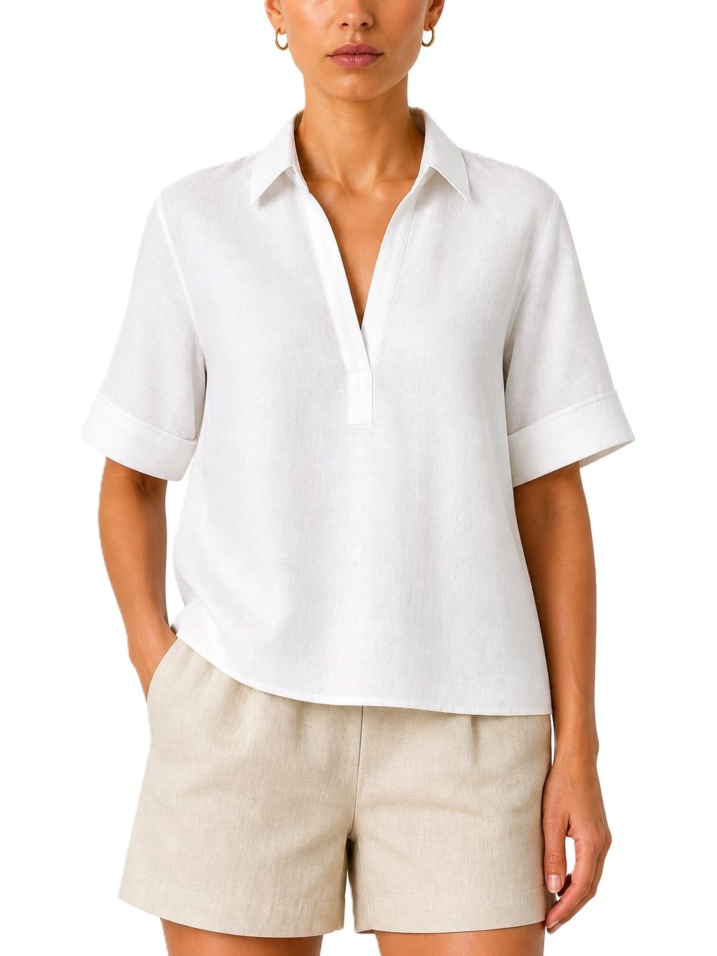 BLUSA CON COLLO A POLO IN MISTO LINO DONNA BIANCO