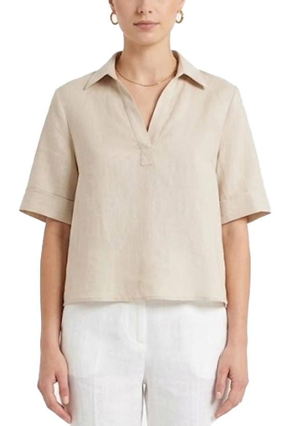 BLUSA CON COLLO A POLO IN MISTO LINO DONNA BEIGE