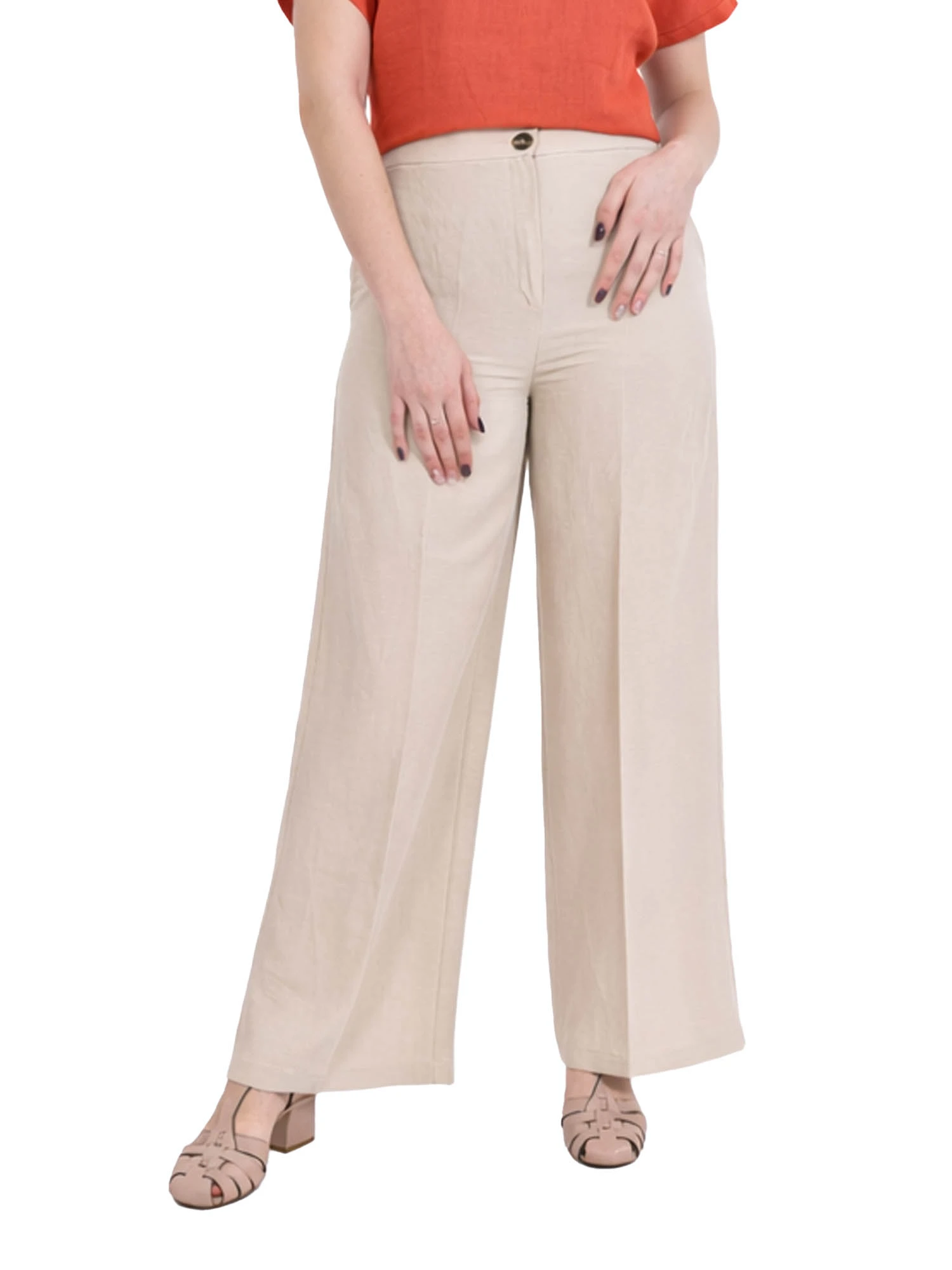 PANTALONE PALAZZO IN MISTO LINO CON PIEGA STIRATA DONNA BEIGE