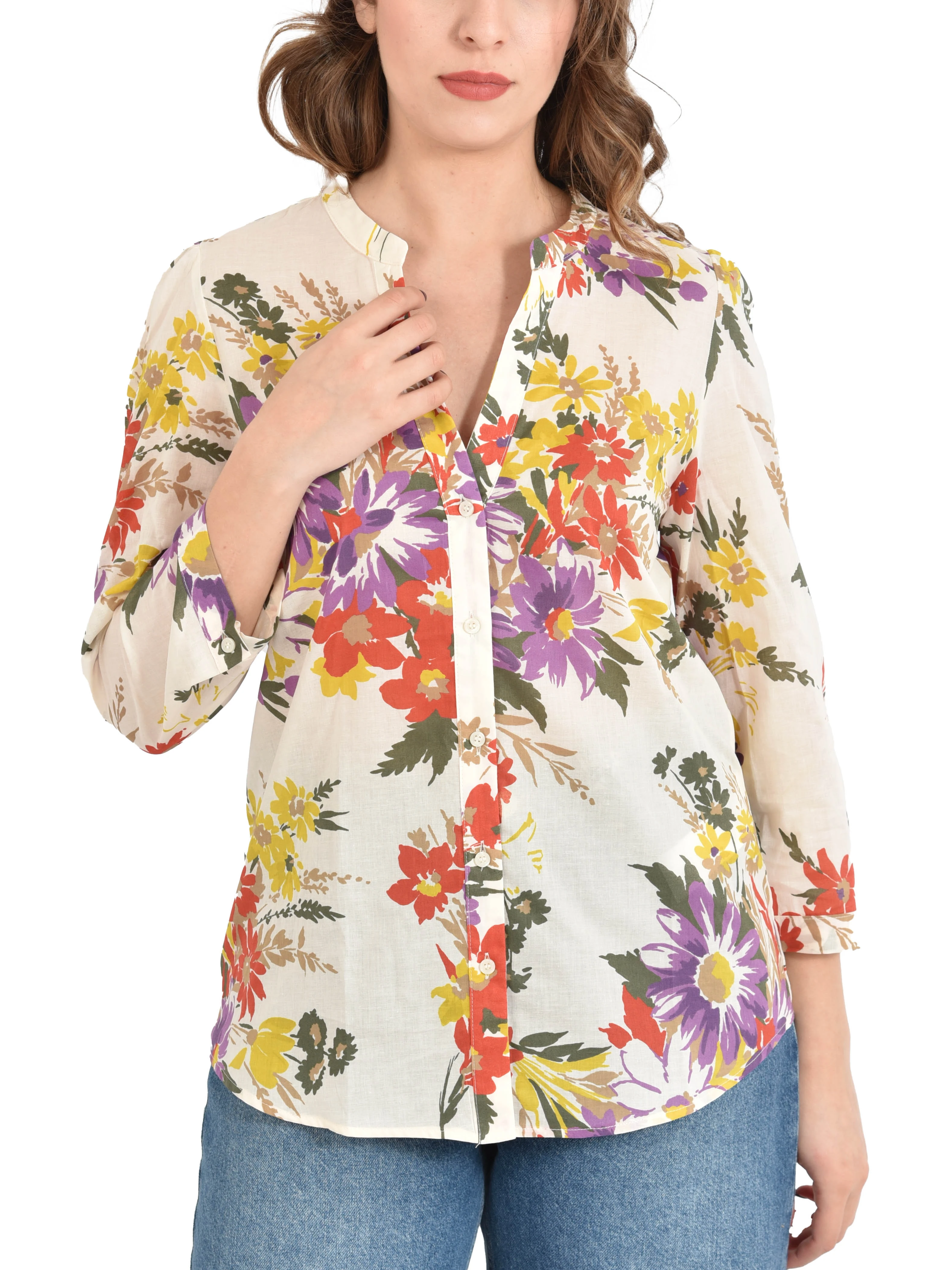 CAMICIA IN MUSSOLA DI COTONE CON STAMPA FLOREALE E SPACCHI LATERALI DONNA AVORIO