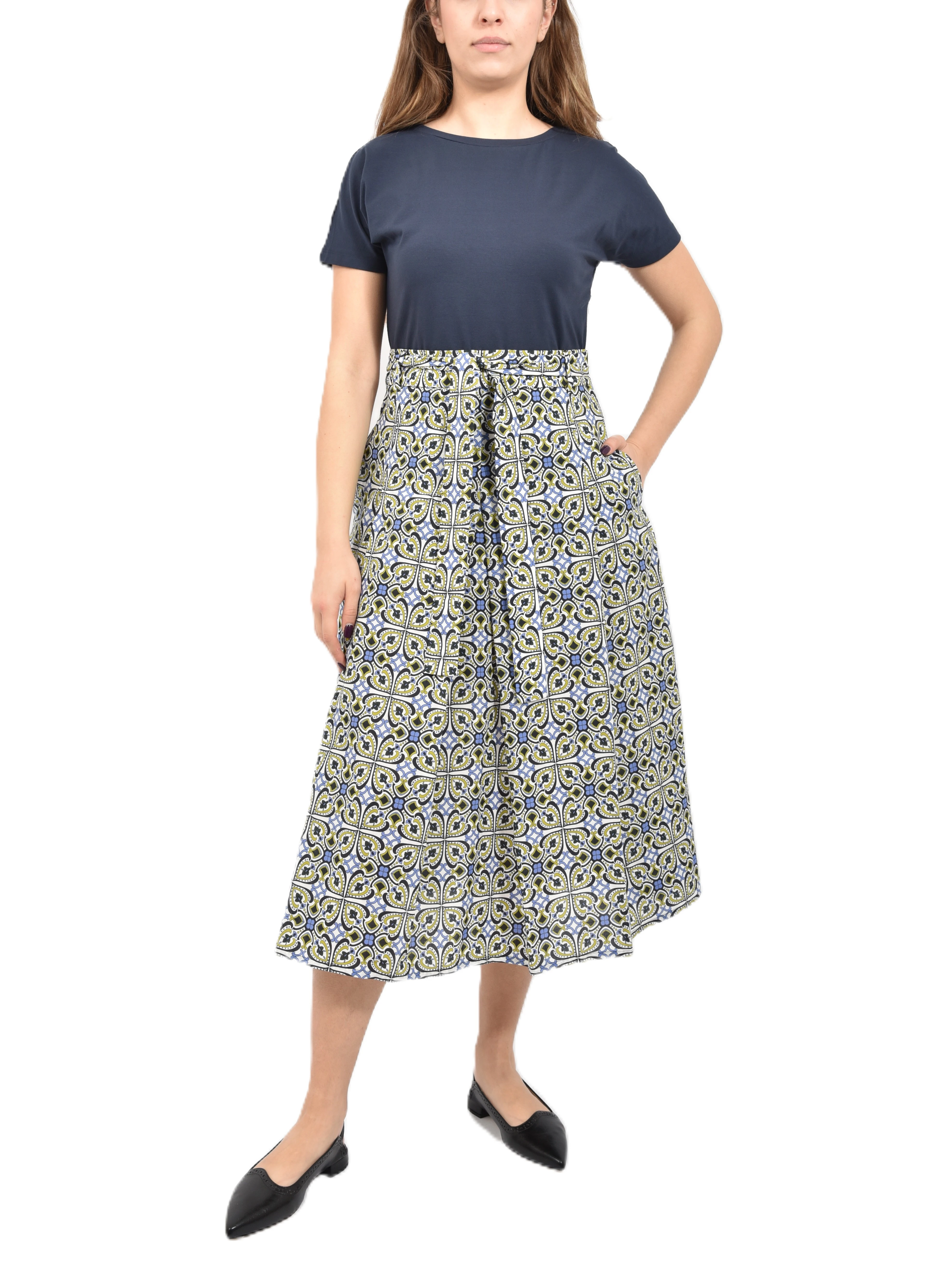 VESTITO LUNGO CON GONNA ALTA E STAMPA GEOMETRICA DONNA BLU