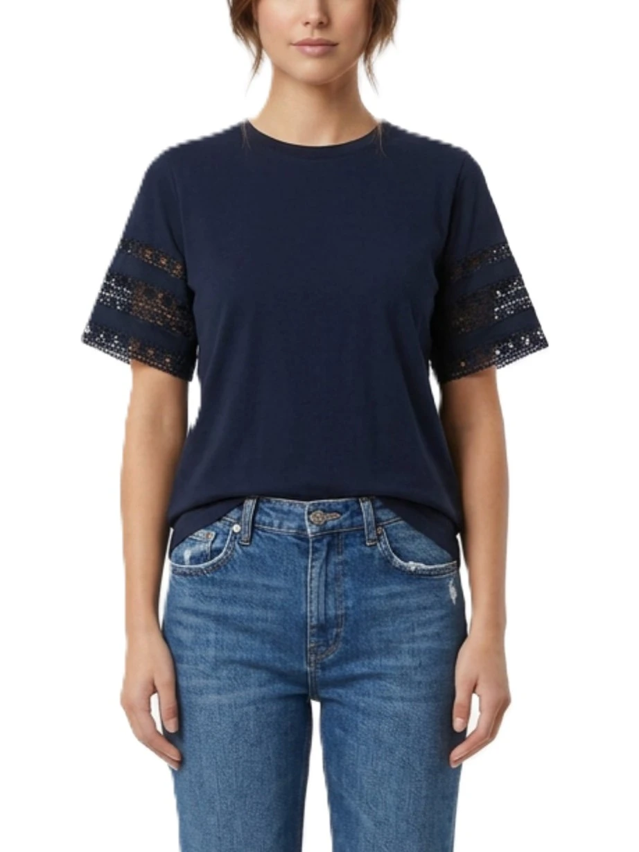 T-SHIRT MANICA CORTA CON INTARSIO E RICAMO  MANICHE DONNA BLU