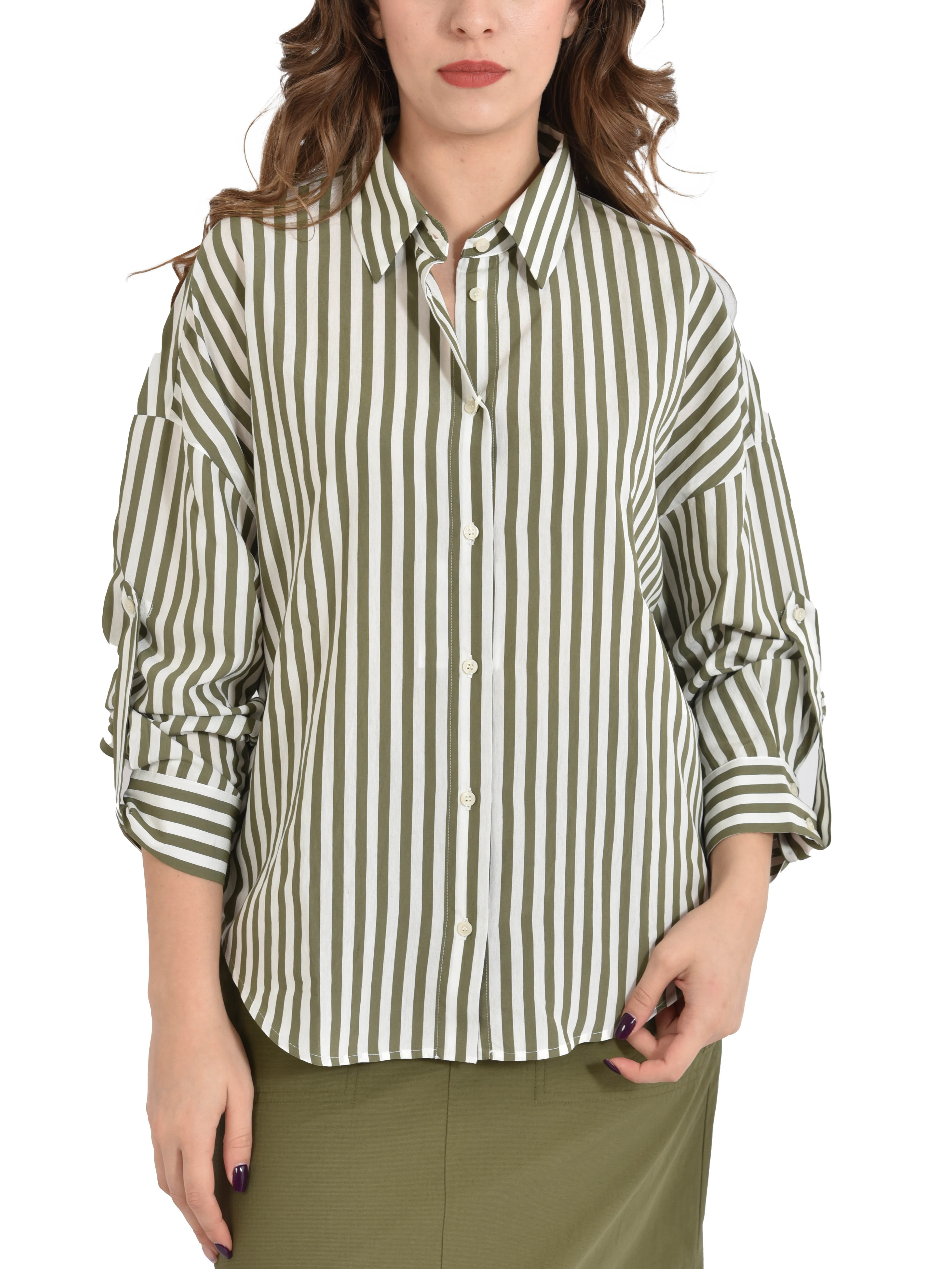 CAMICIA IN MISTO VISCOSA CON SPALLA SCESA E MANICHE CON ALAMARO DONNA VERDE