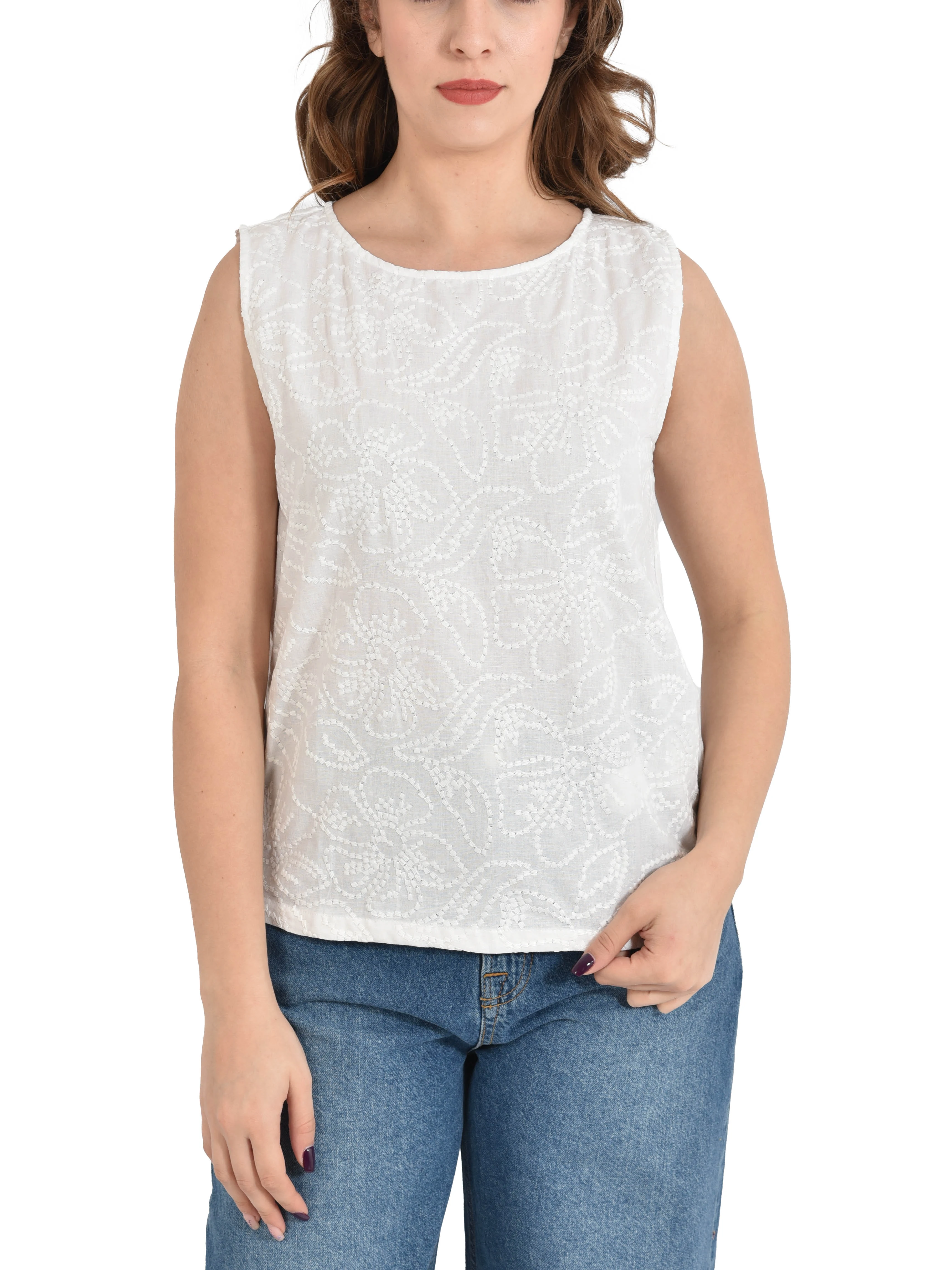 TOP IN COTONE E LINO RICAMATO CON MOTIVO FLOREALE DONNA BIANCO