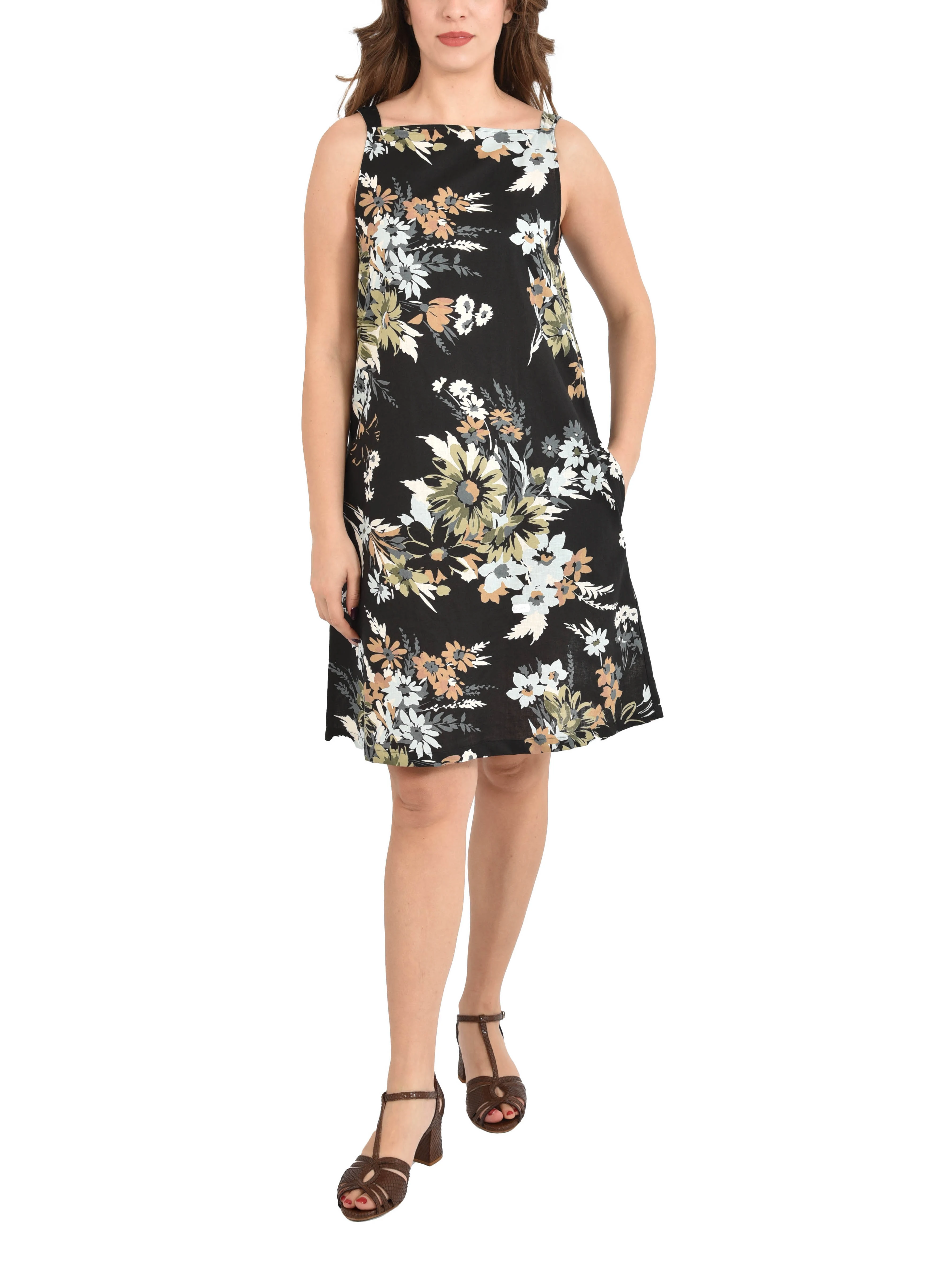 VESTITO CORTO SMANICATO IN TELA DI COTONE CON STAMPA FLOREALE DONNA NERO