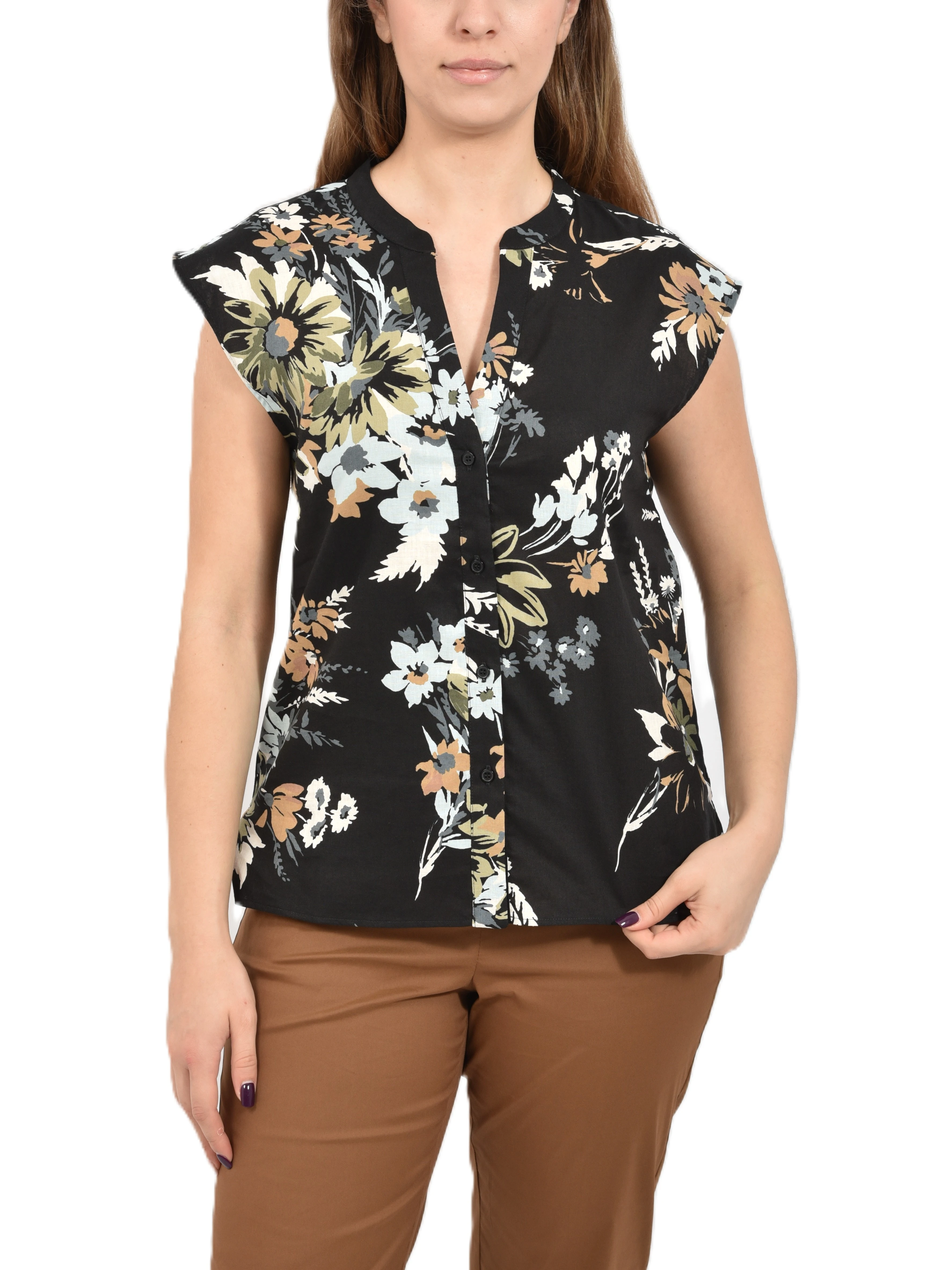 CAMICIA SMANICATA CON STAMPA FLOREALE DONNA NERO