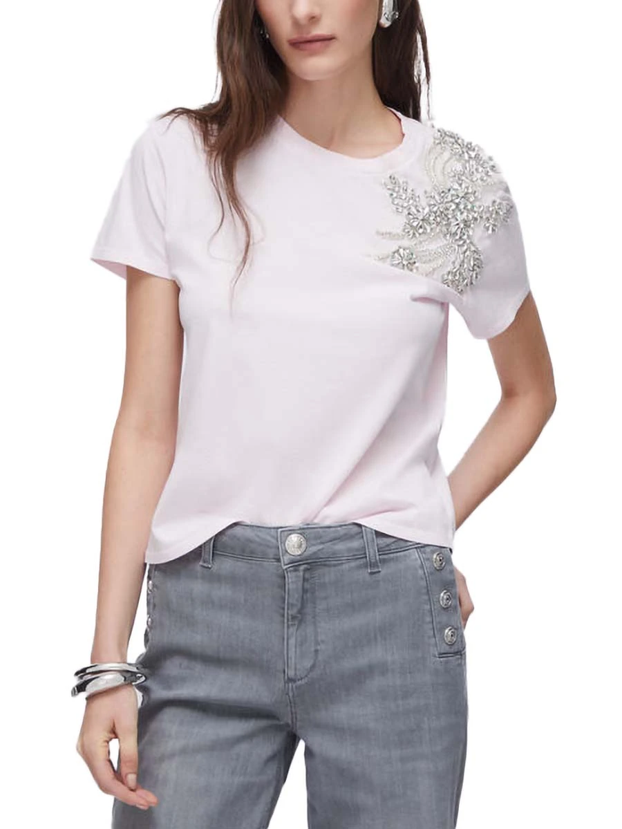 T-SHIRT MANICA CORTA CON DETTAGLIO GIOIELLO SULLA SPALLA DONNA ROSA