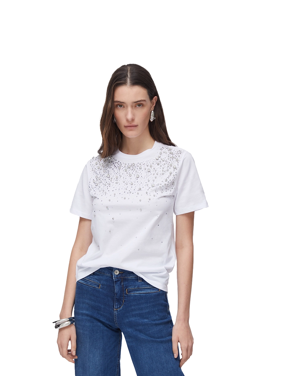 MAGLIA MANICA CORTA CON STRASS APPLICATI DONNA BIANCO