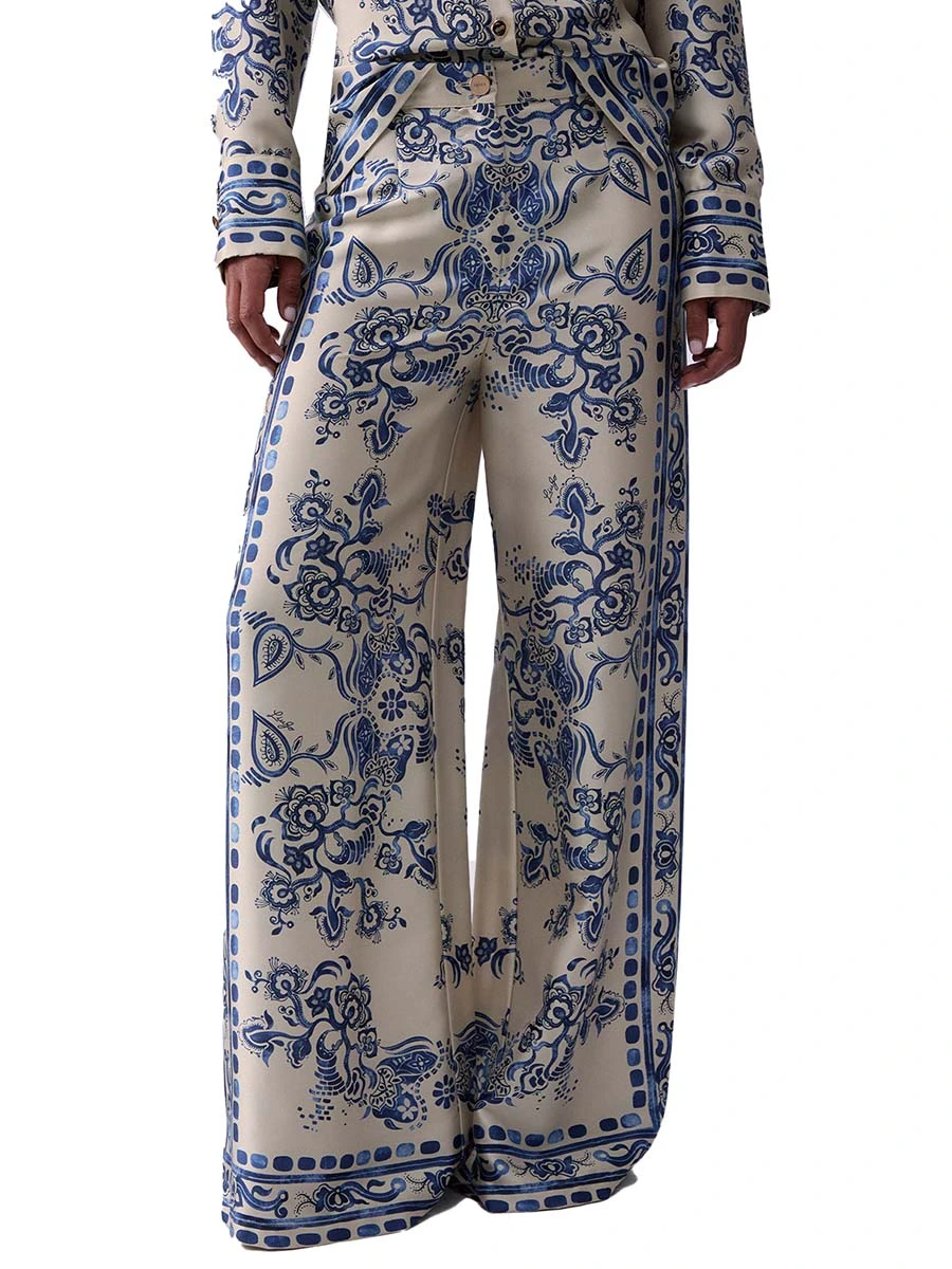 PANTALONI PALAZZO CON STAMPA FOULARD DONNA BIANCO