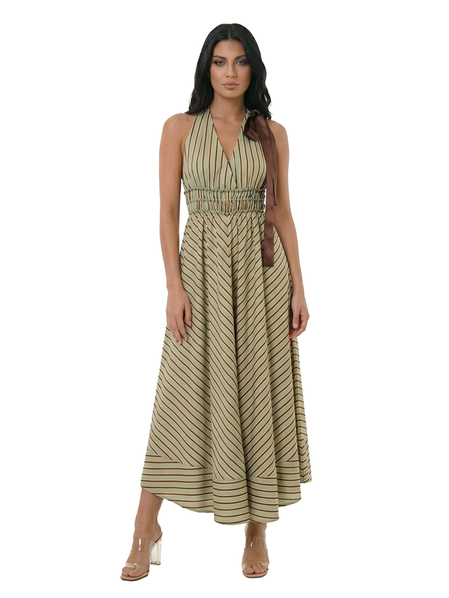 VESTITO LUNGO CON SCOLLO A V FANTASIA A RIGHE DONNA VERDE