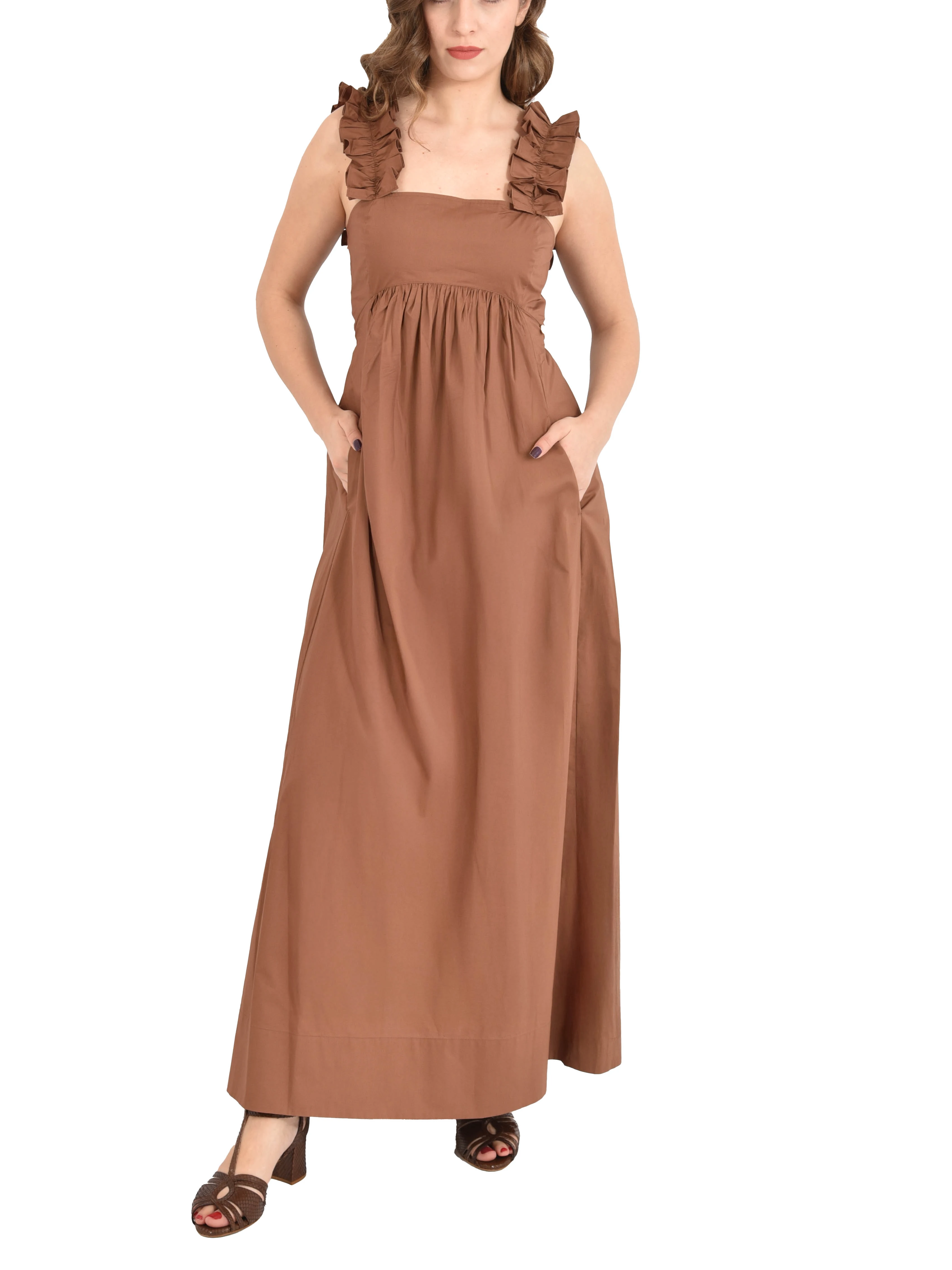 VESTITO LUNGO CON SPALLINE E ROUCHES DONNA MARRONE