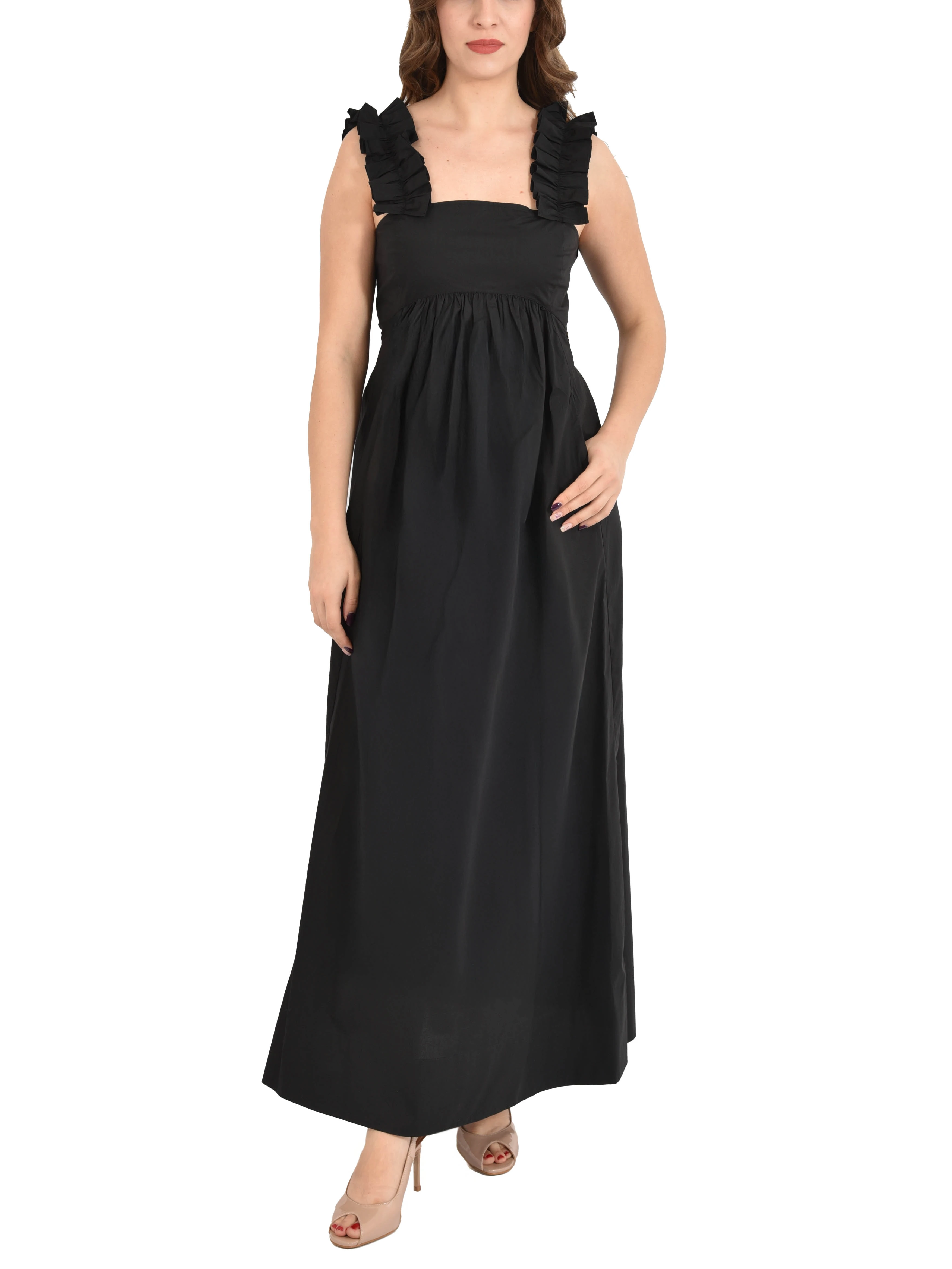 VESTITO LUNGO CON SPALLINE E ROUCHES DONNA NERO