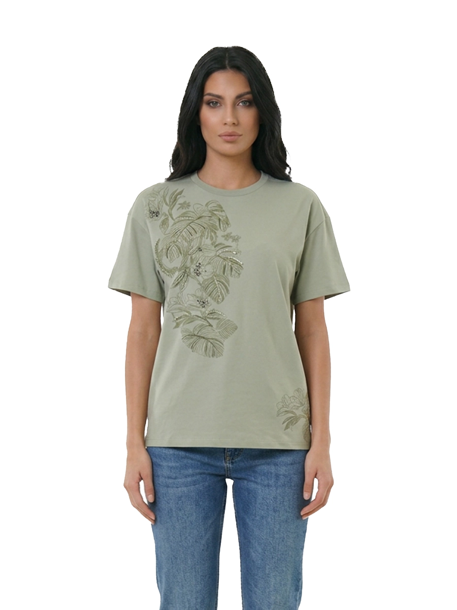 T-SHIRT MANICA CORTA CON DECORAZIONE COLORATA DONNA VERDE