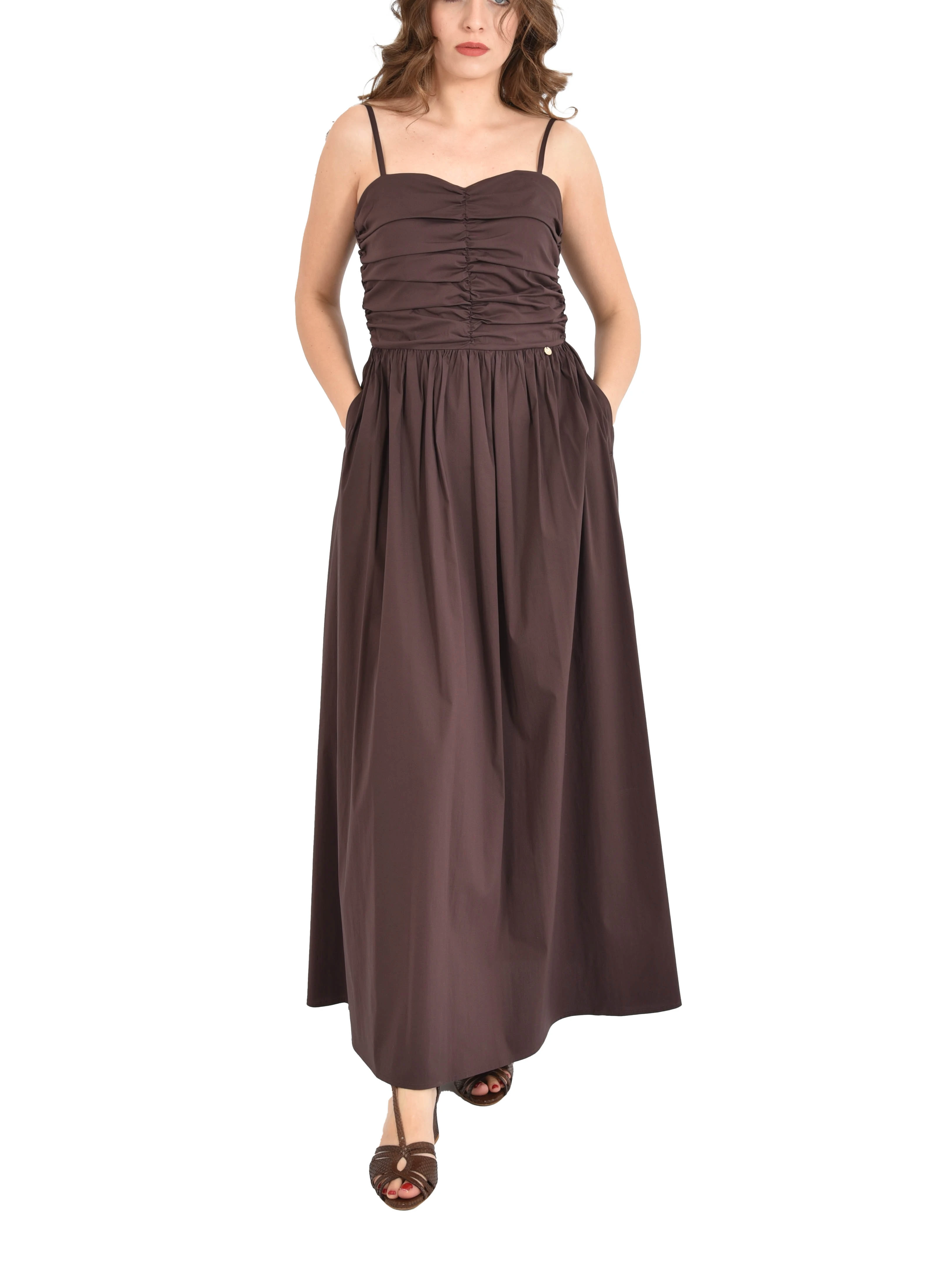 VESTITO LUNGO CON SPALLINE E TOP ARRICCIATO DONNA MARRONE