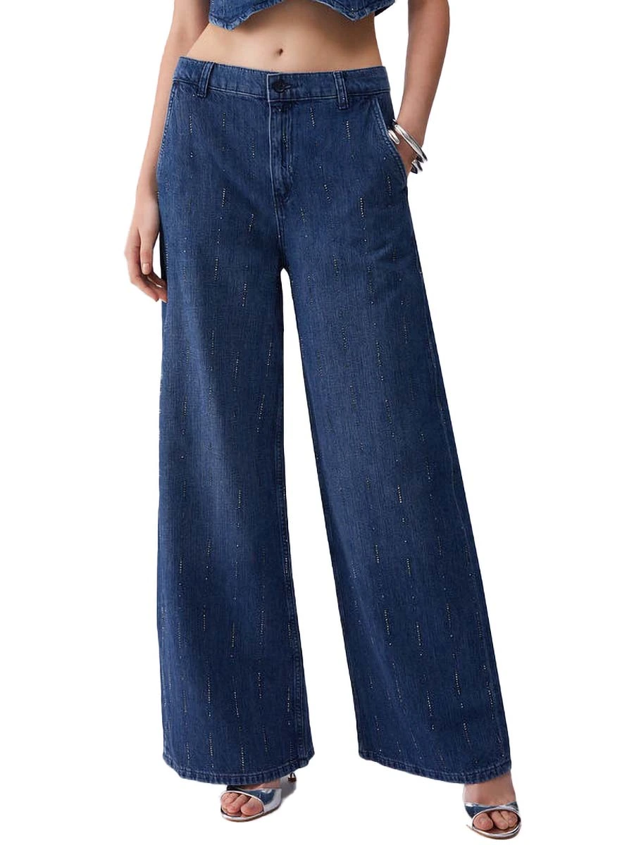 JEANS PALAZZO VITA ALTA APPLICAZIONI STRASS DONNA BLU