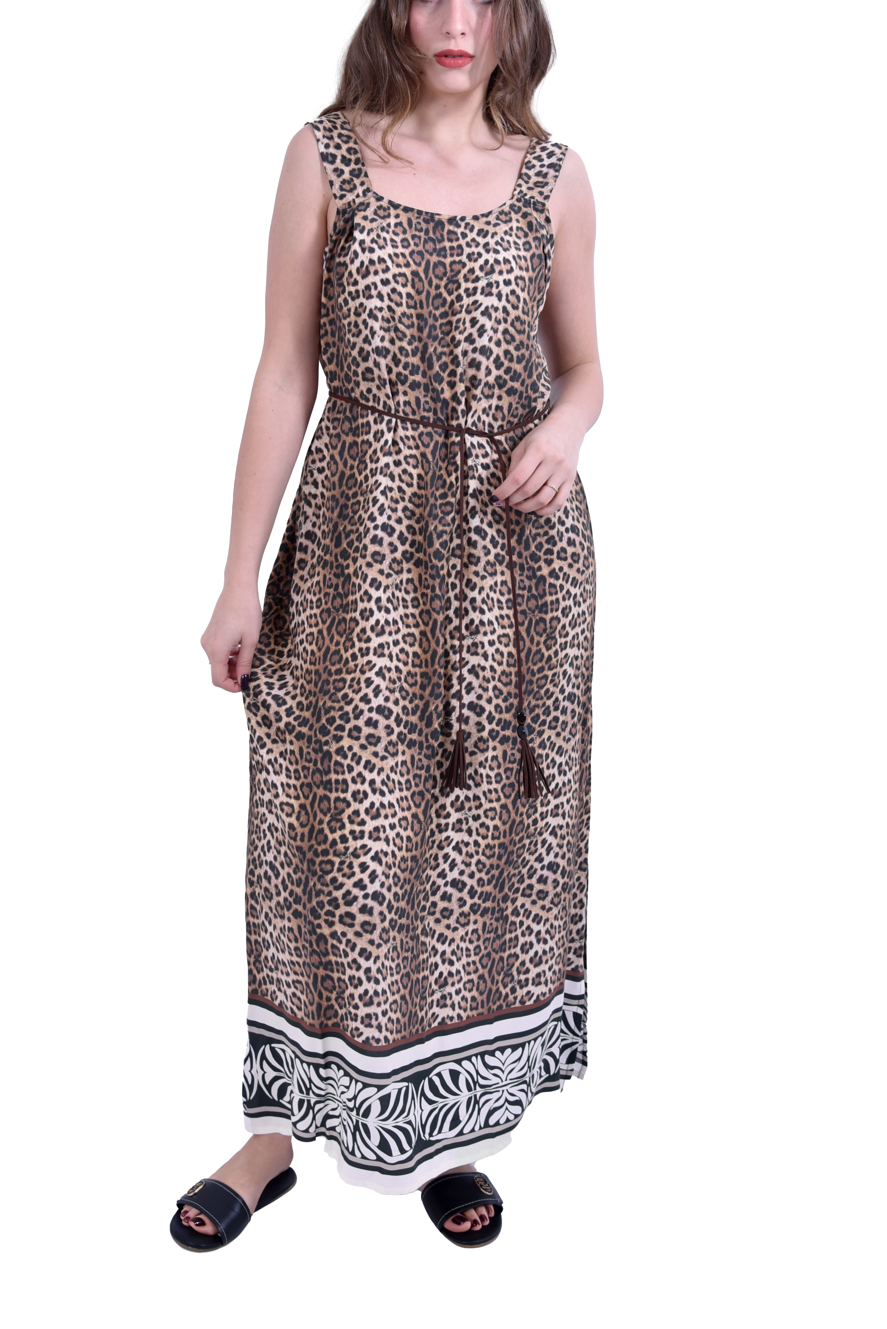 VESTITO LUNGO CON SPALLINE E FANTASIA ANIMALIER DONNA MARRONE