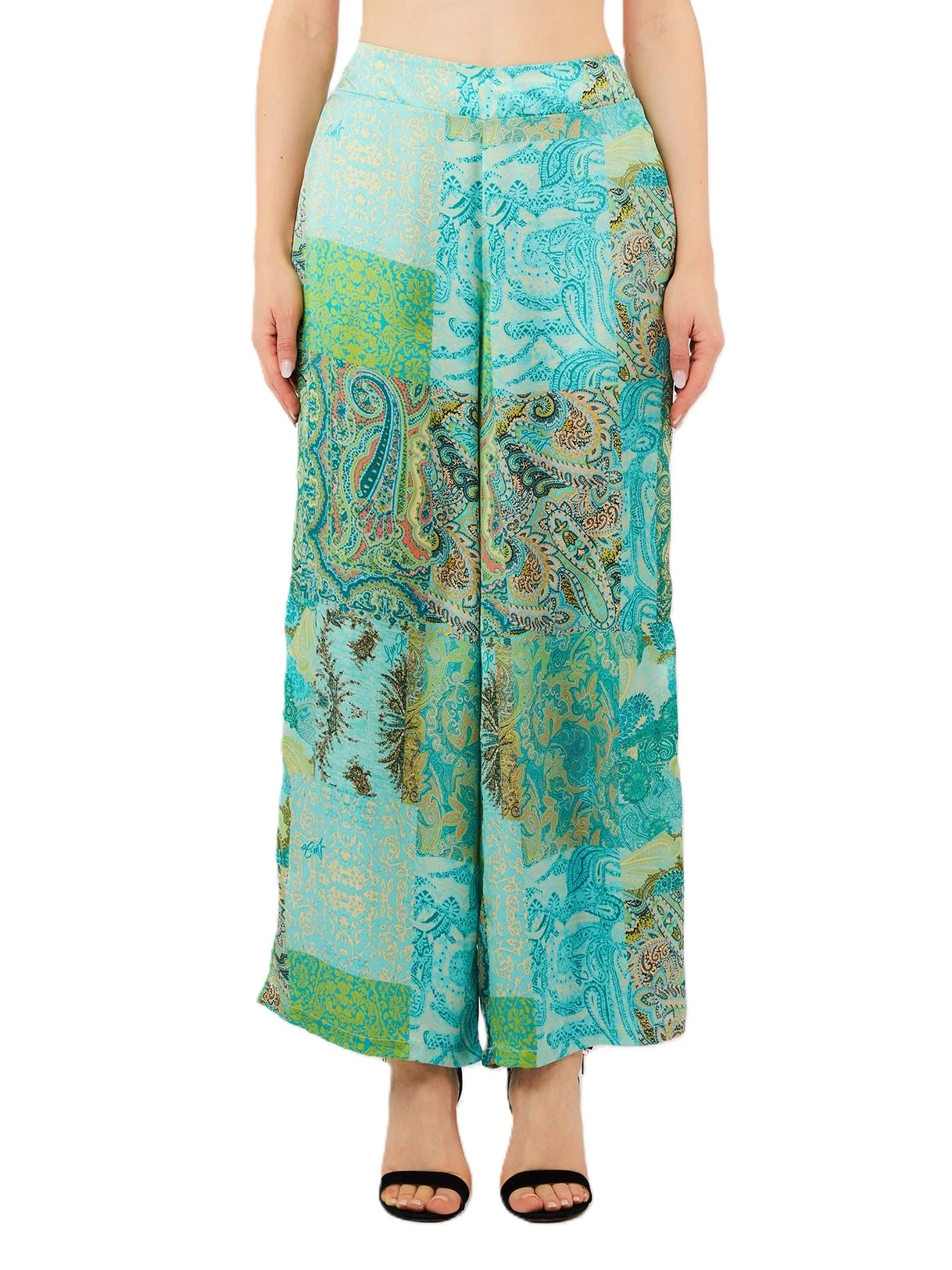 PANTALONI PALAZZO IN VISCOSA CON STAMPA DONNA VERDE