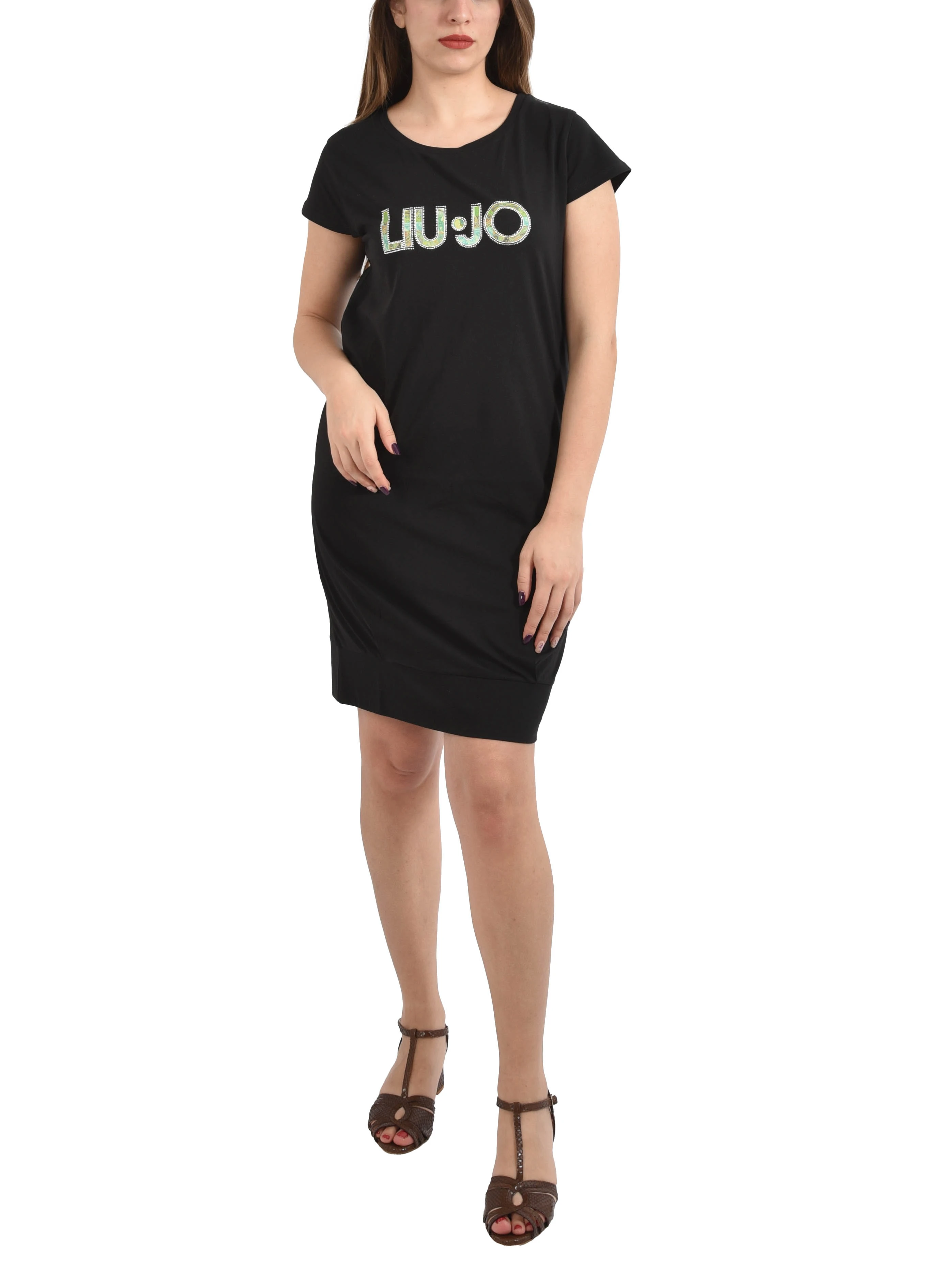 VESTITO CORTO CON LOGO FRONTALE DONNA NERO