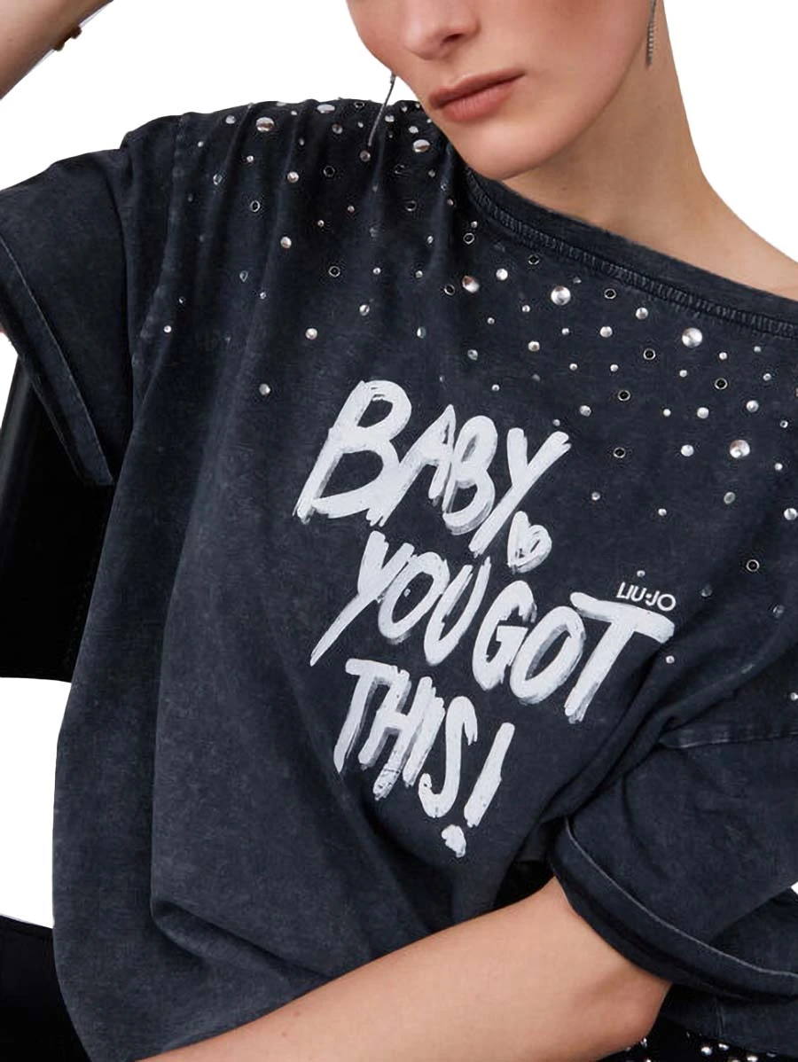 T-SHIRT MANICA CORTA CON STAMPA FRONTALE DONNA NERO