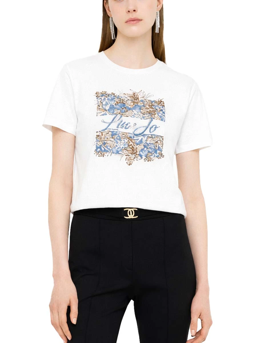 T-SHIRT MANICA CORTA FANTASIA FLOREALE E STRASS  DONNA BIANCO