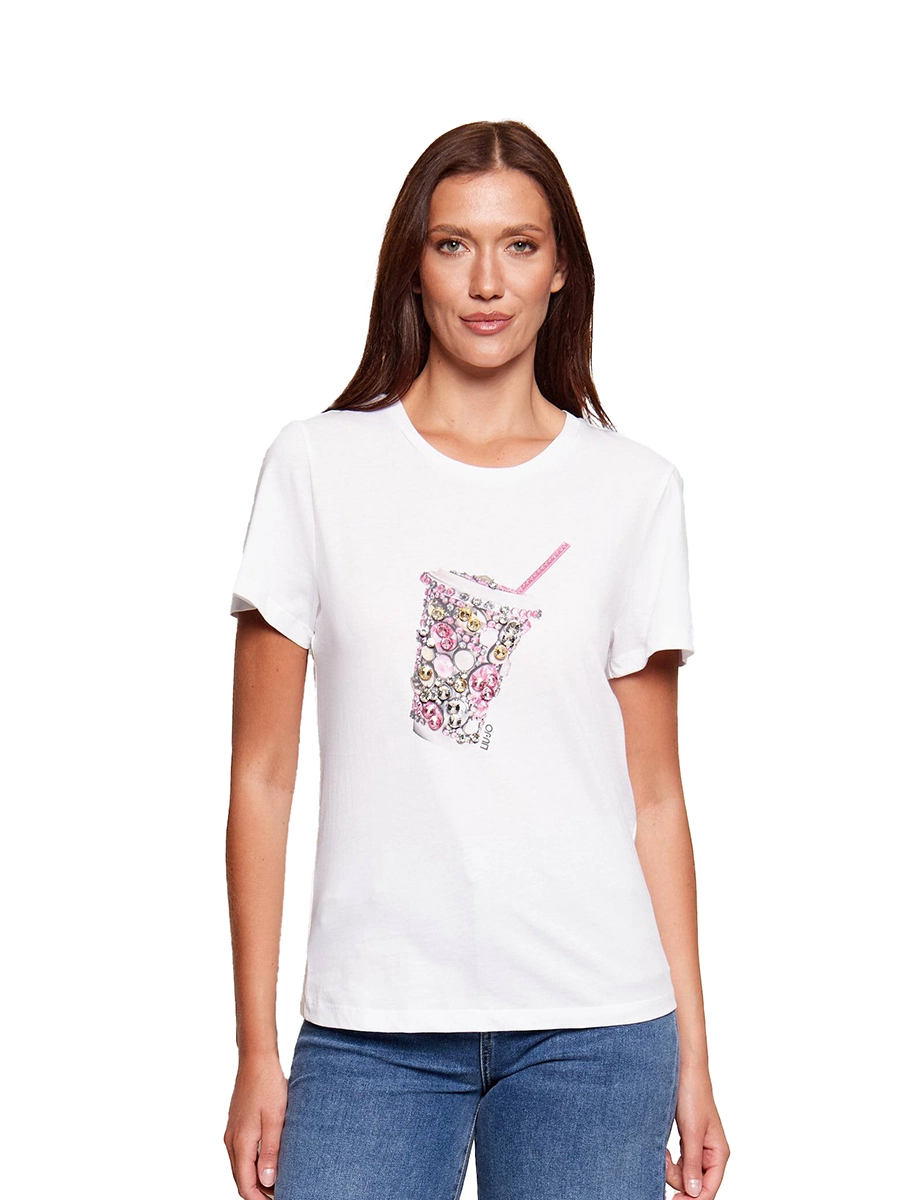 T-SHIRT MANICA CORTA CON STAMPA ESTIVA  DONNA BIANCO