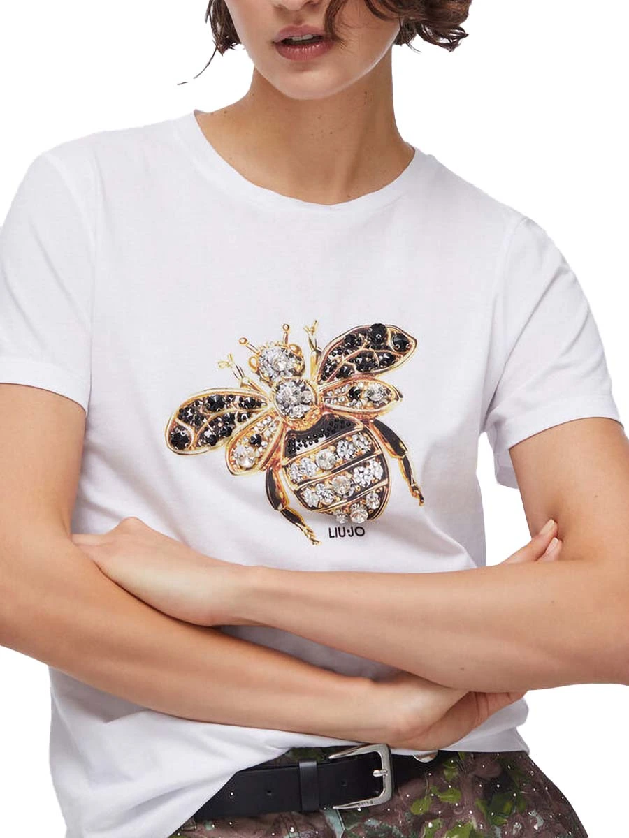 T-SHIRT MANICA CORTA CON STAMPA APE E STRASS DONNA BIANCO