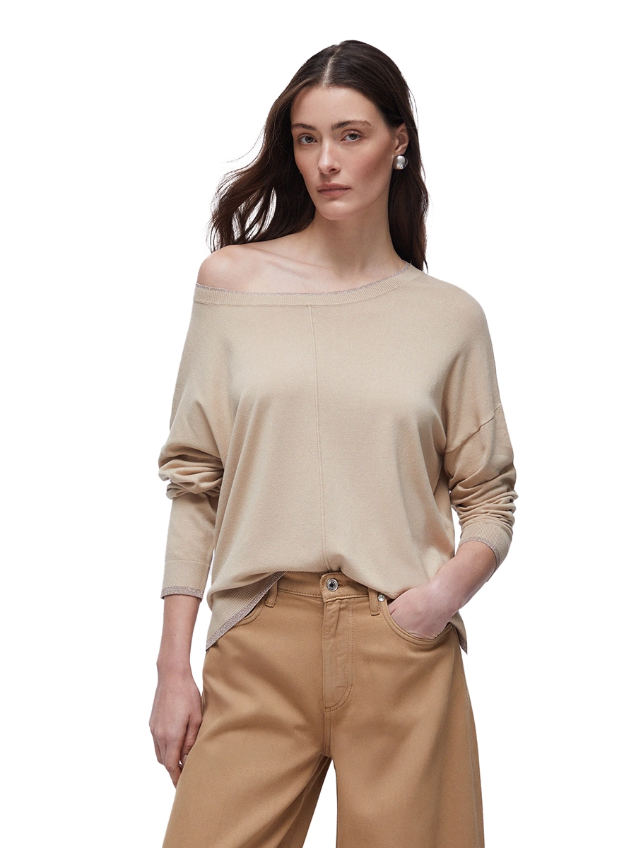 MAGLIA SCOLLO A BARCA CON LOGO RICAMATO DONNA BEIGE