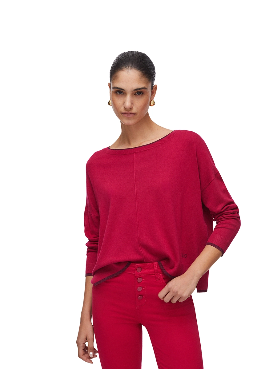 MAGLIA SCOLLO A BARCA CON LOGO RICAMATO DONNA ROSSO