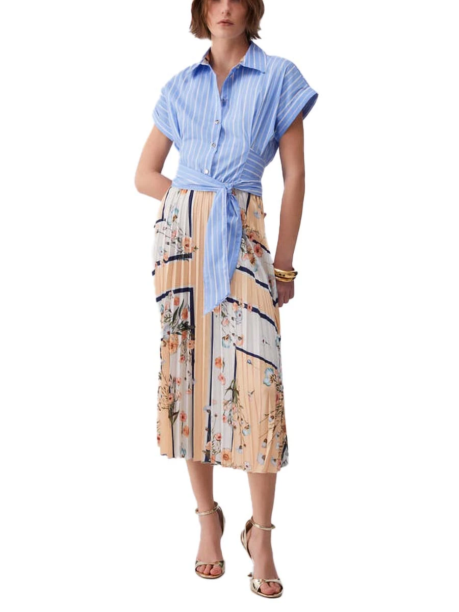 VESTITO LUNGO GONNA PLISSE' E TOP CON BOTTONI DONNA BLU