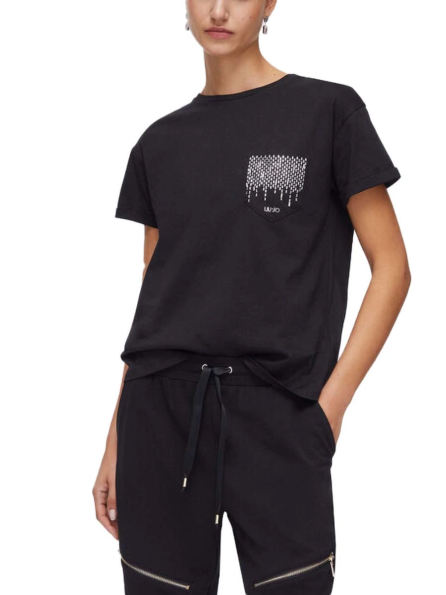 T-SHIRT MANICA CORTA CON TASCA CON STRASS DONNA NERO