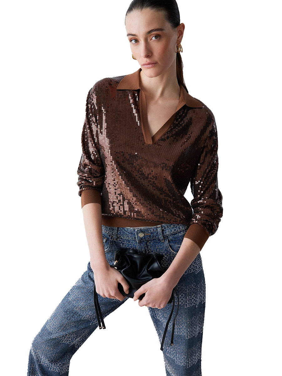 MAGLIA SCOLLO A V CON PAILLETTES RICAMATE DONNA MARRONE