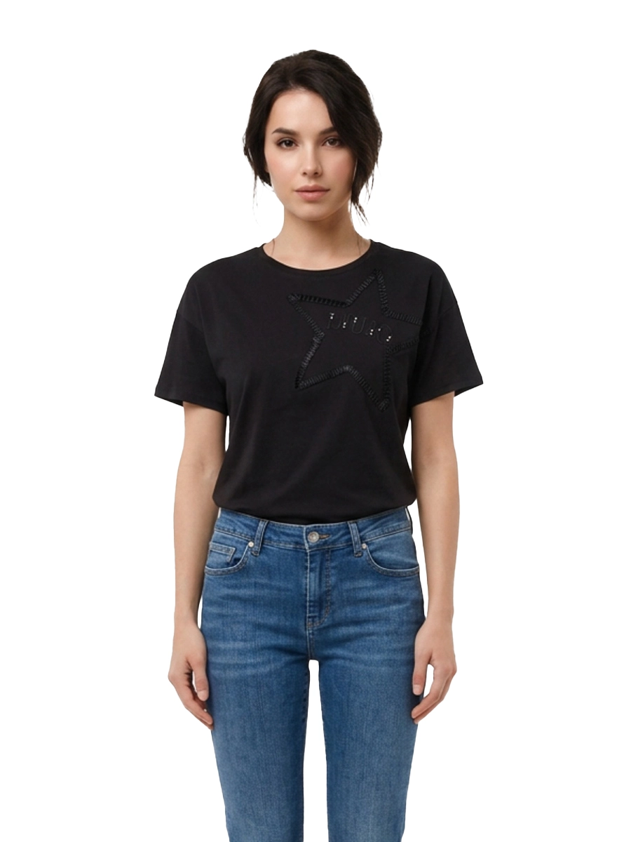 T-SHIRT MANICA CORTA IN COTONE LOGO RICAMATO DONNA NERO