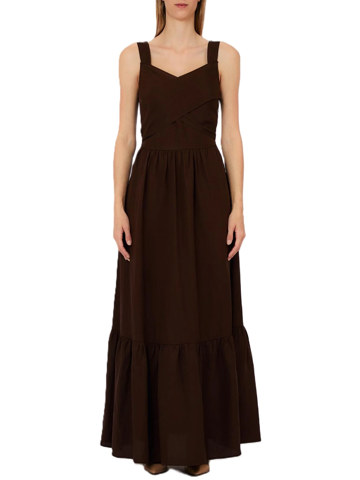 VESTITO LUNGO CON DETTAGLIO INCROCIO SUL PETTO DONNA MARRONE