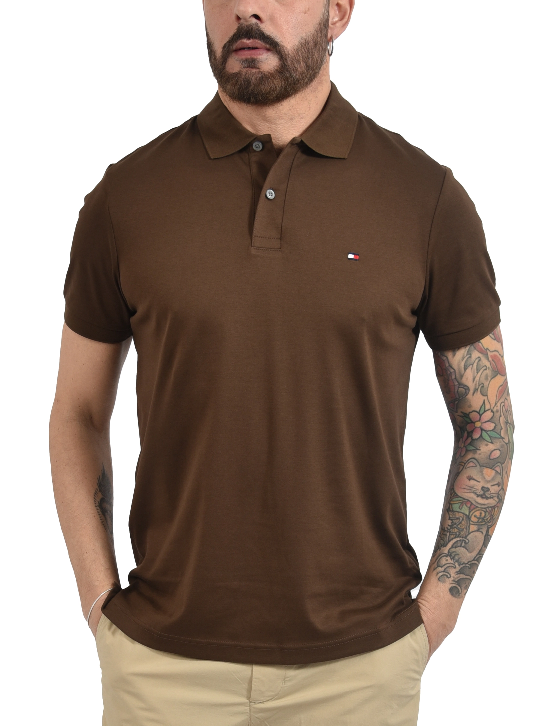 POLO MANICA CORTA IN PURO COTONE CON BANDIERINA RICAMATA UOMO MARRONE