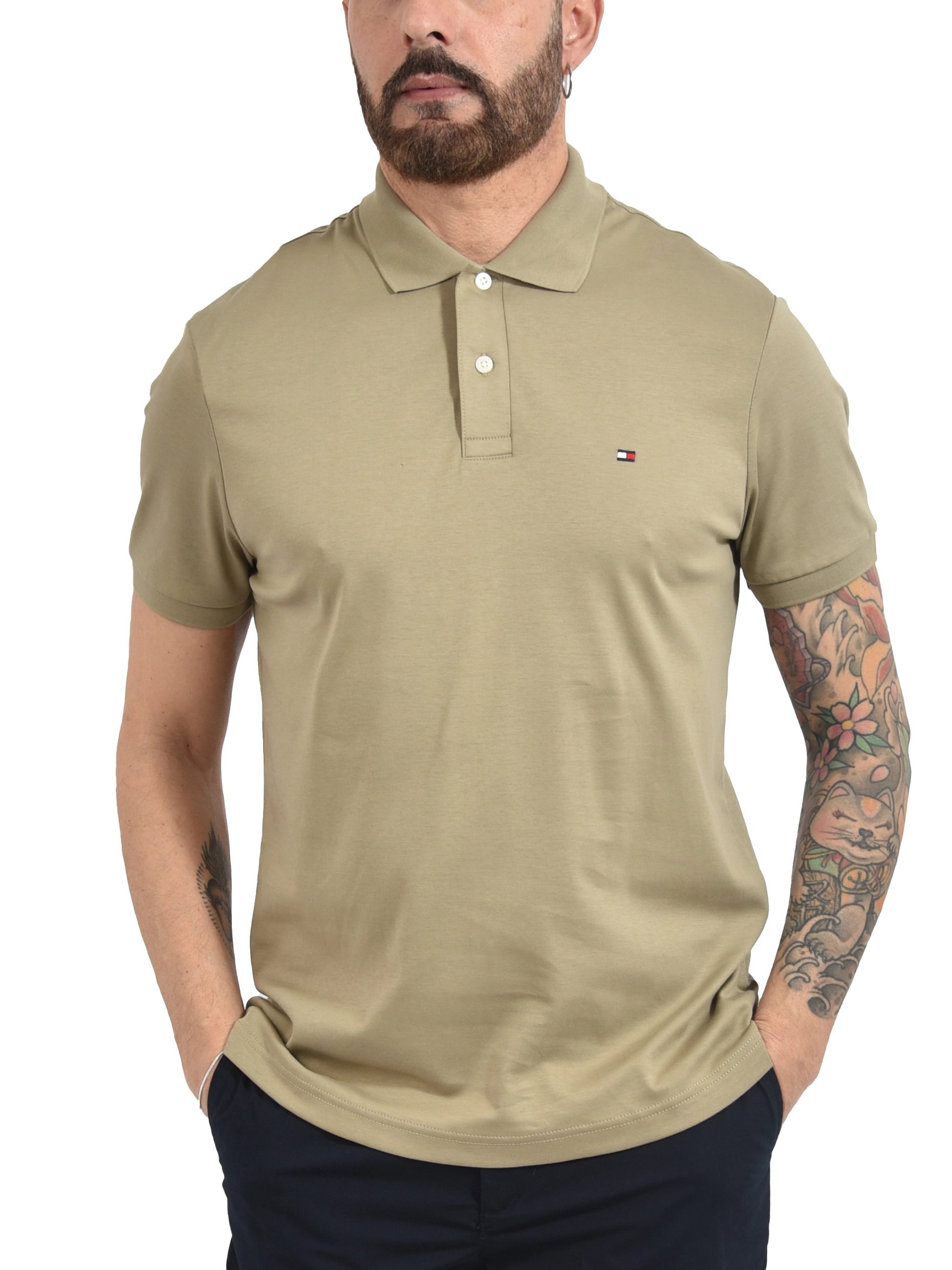 POLO MANICA CORTA IN PURO COTONE CON BANDIERINA RICAMATA UOMO BEIGE