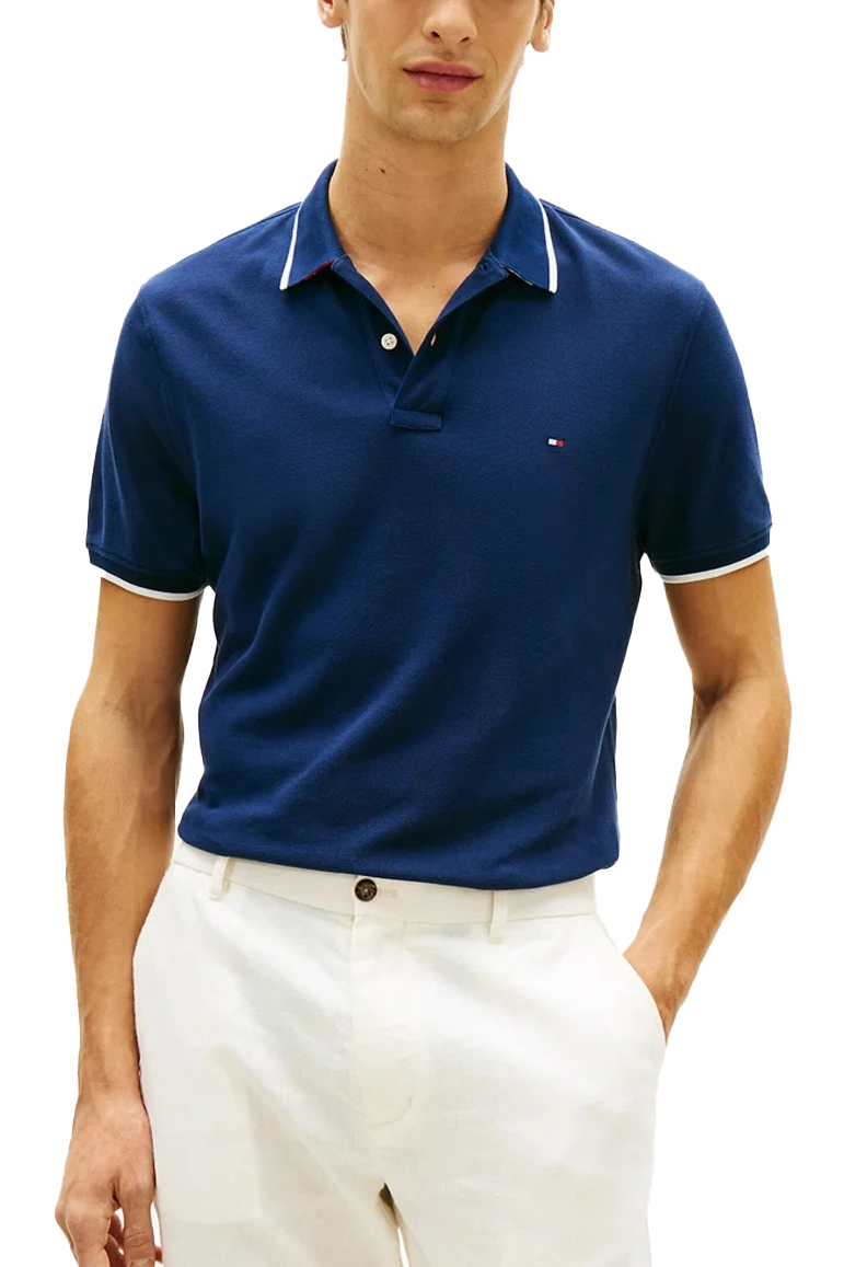 POLO MANICA CORTA IN PIQUÉT DI COTONE LOGO BANDIERA RICAMATO UOMO BLU