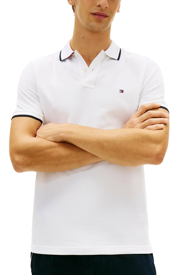 POLO MANICA CORTA IN PIQUÉT DI COTONE LOGO BANDIERA RICAMATO UOMO BIANCO