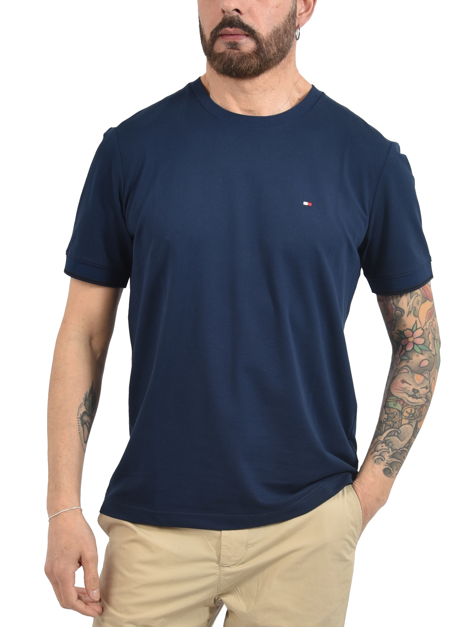 T-SHIRT MANICA CORTA IN COTONE  CON DETTAGLI A CONTRASTO UOMO BLU