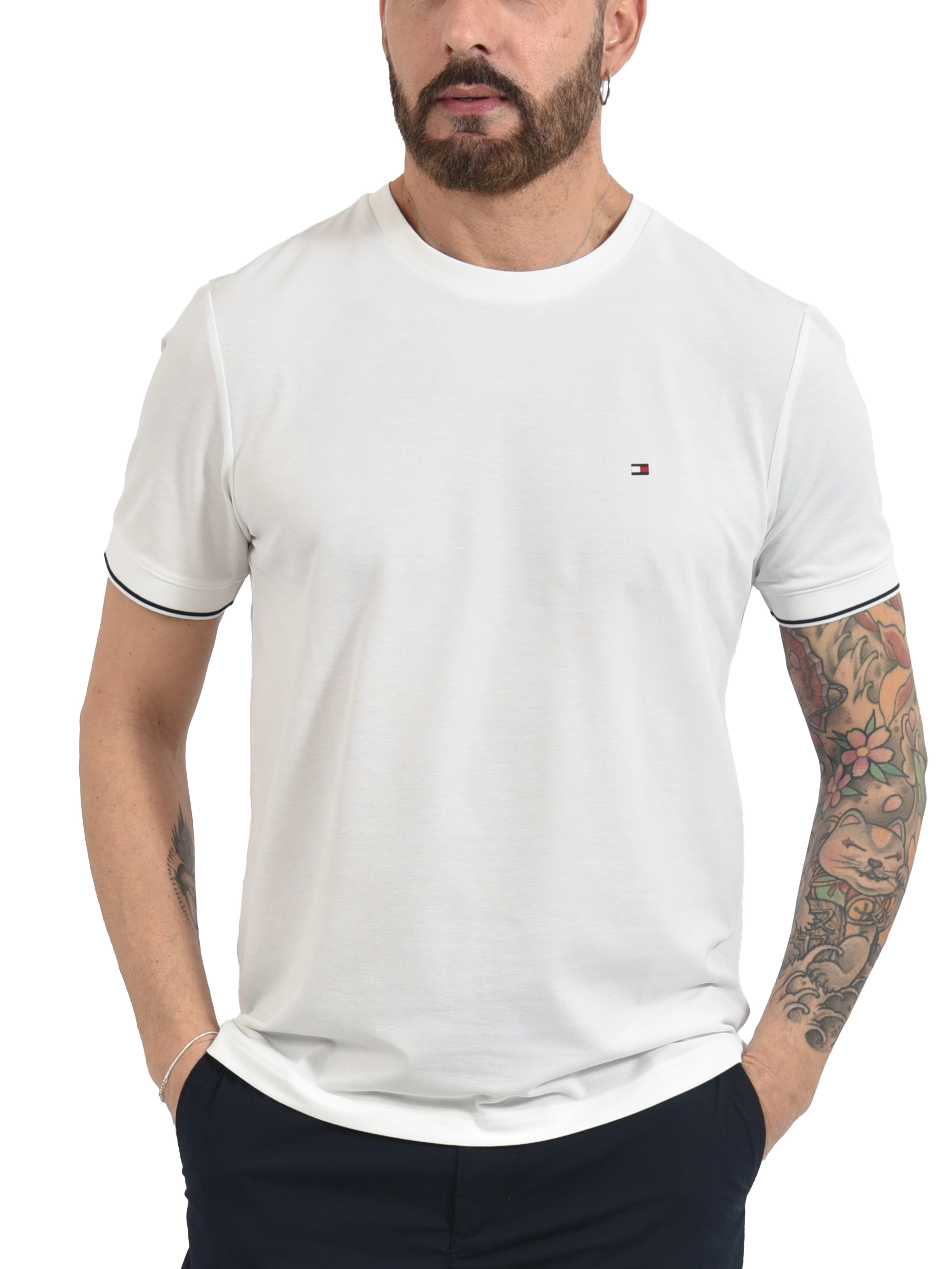 T-SHIRT MANICA CORTA IN COTONE  CON DETTAGLI A CONTRASTO UOMO BIANCO