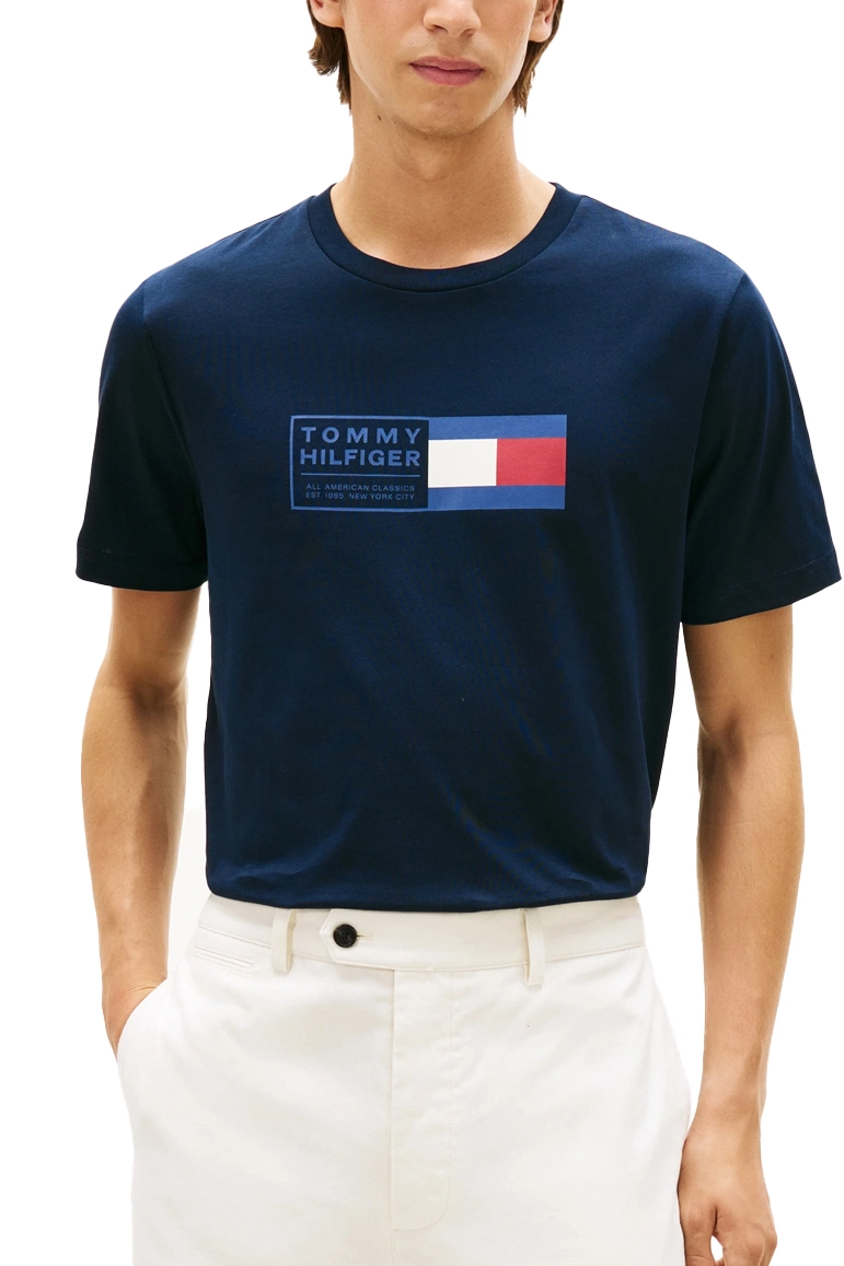 T-SHIRT MANICA CORTA CON GIROCOLLO A COSTINE E STAMPA UOMO BLU