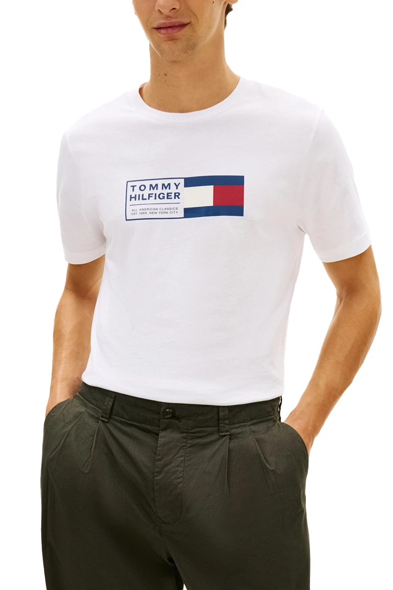 T-SHIRT MANICA CORTA CON GIROCOLLO A COSTINE E STAMPA UOMO BIANCO